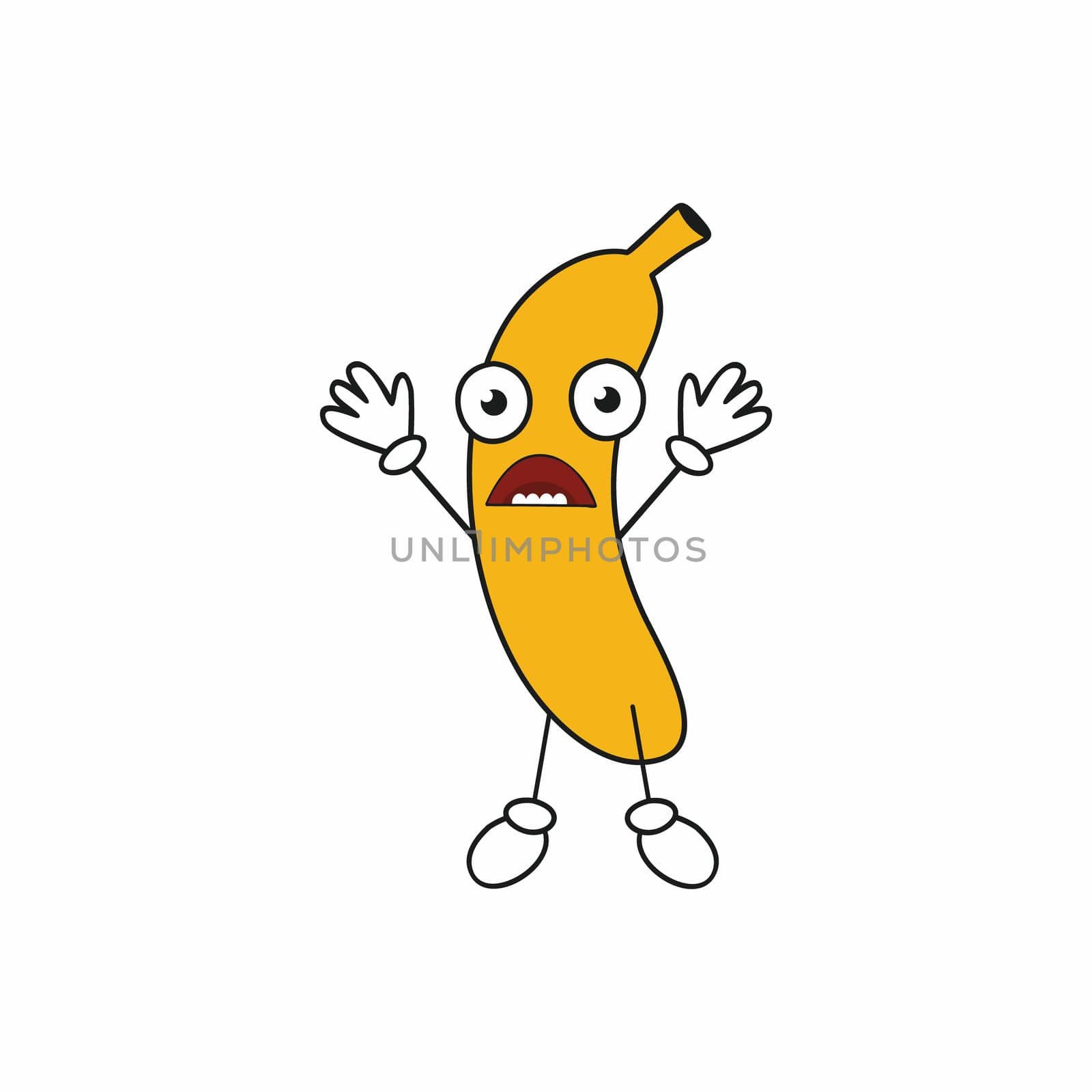 Funny scared banana with eyes and mouth. Funny fruit emoticons. Banana isolated on a white background.