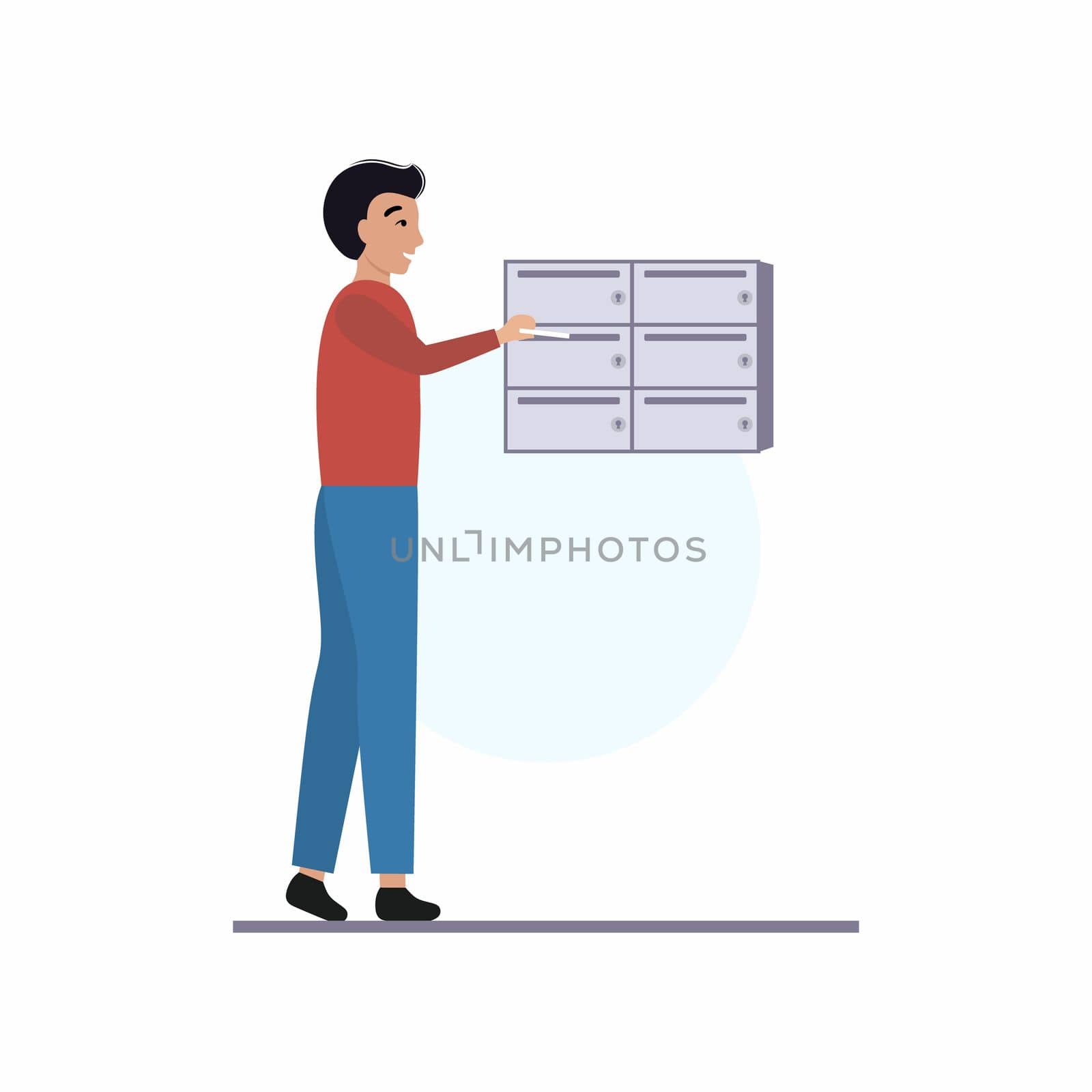 The man puts an envelope with a letter in the mailbox. Vector flat cartoon character. The concept of mail delivery, delivery of orders. by polinka_art