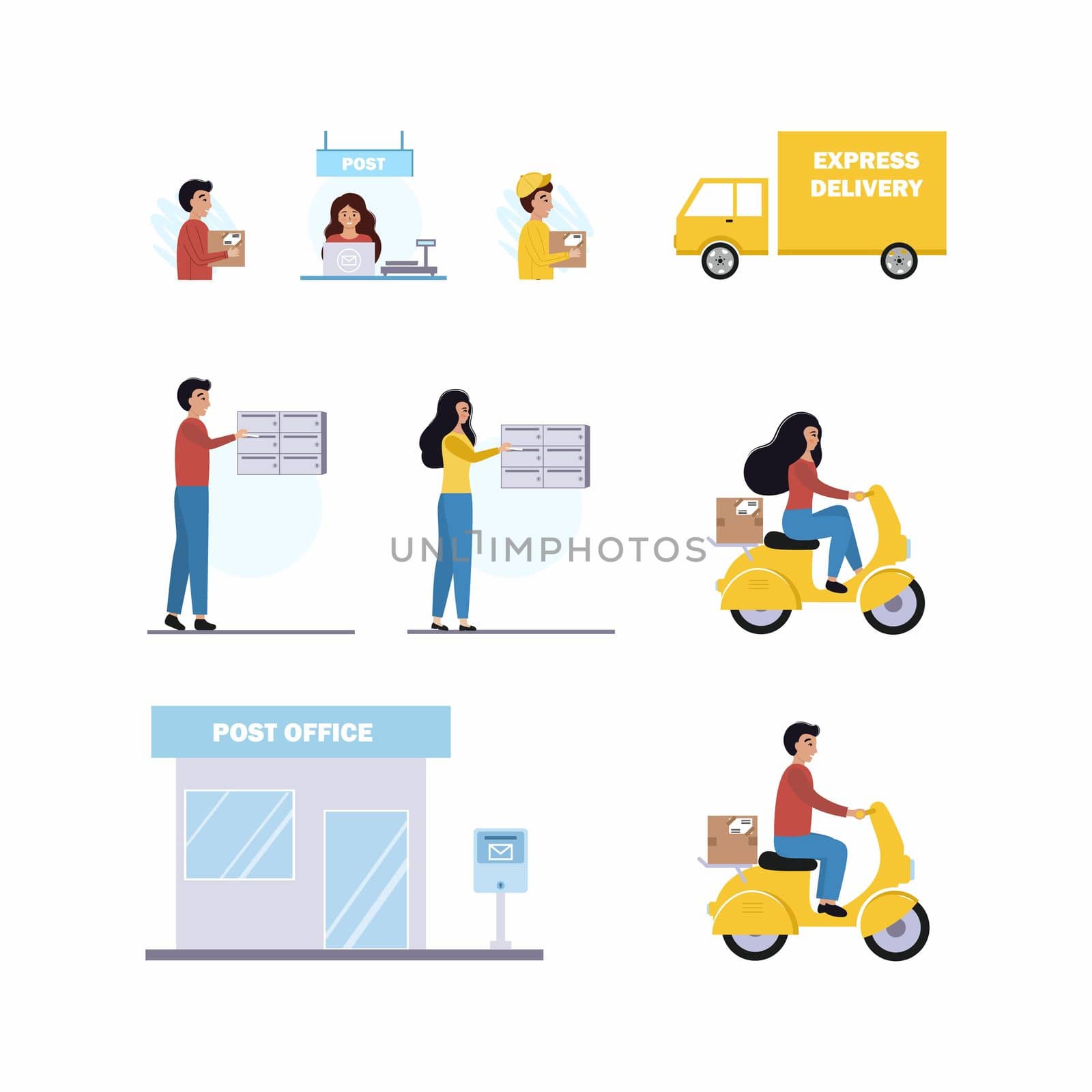 Set of illustrations on the subject of delivery of letters and orders. People send emails through their mailbox. Post office and Express delivery by courier. Vector flat man. by polinka_art