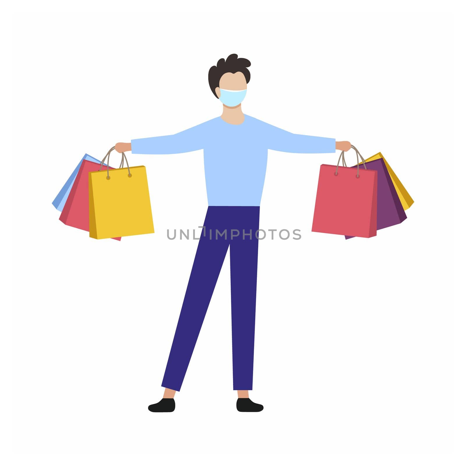 The man in the mask with the shopping bags. Vector character in a flat style. Precautions for covid19 coronavirus by polinka_art