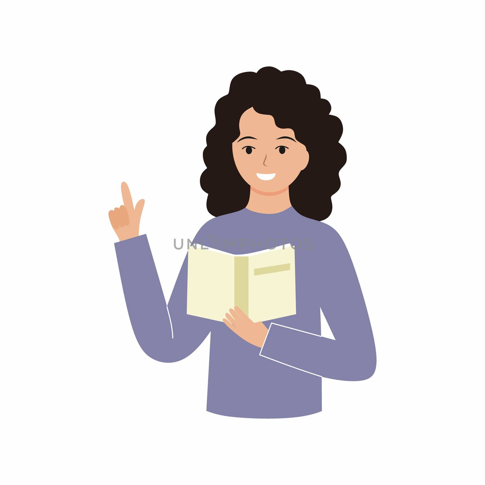 Girl teacher reads a book and holds her finger up. Vector flat character. by polinka_art