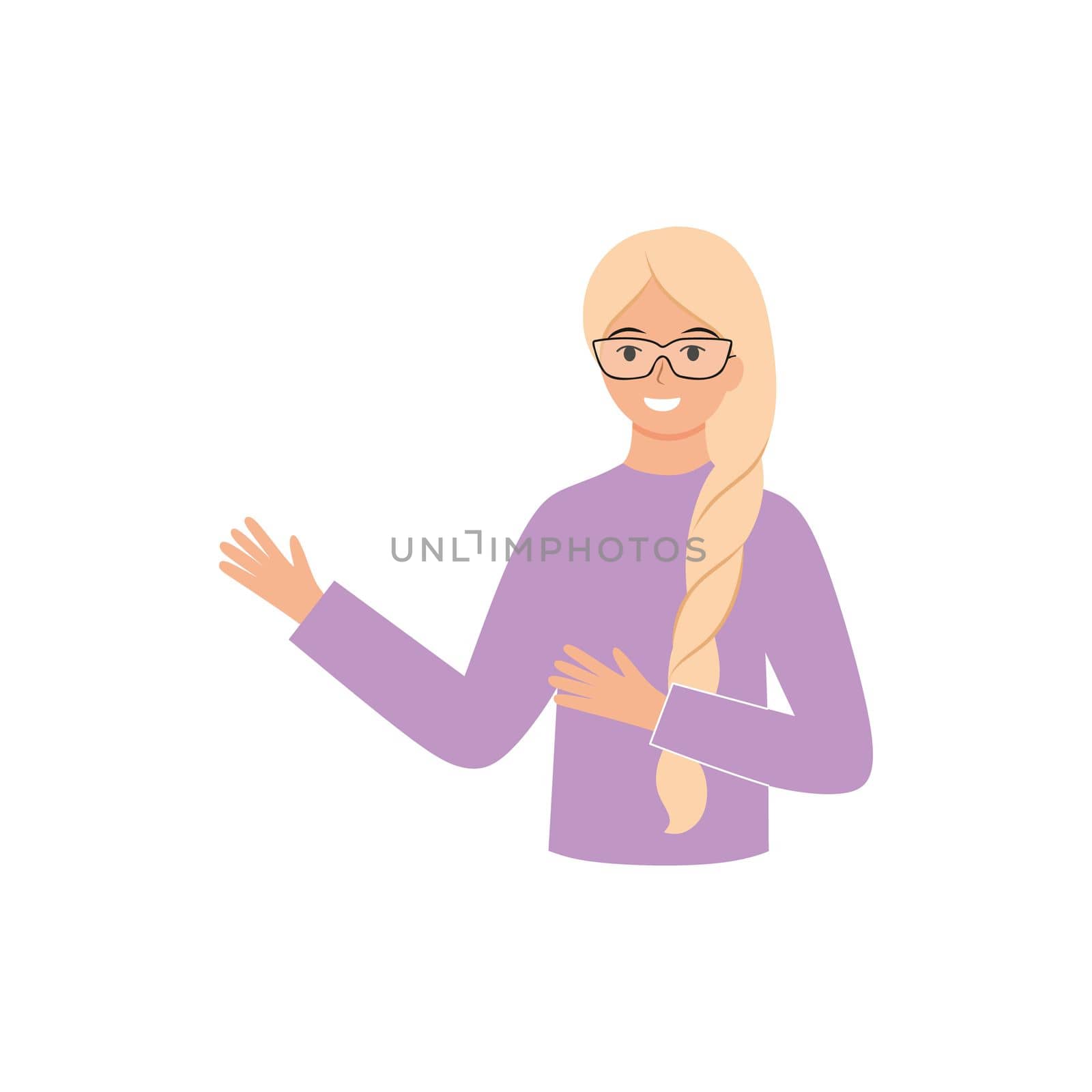 A young teacher with glasses explains a new topic. People with facial expressions and gestures. Vector flat female character