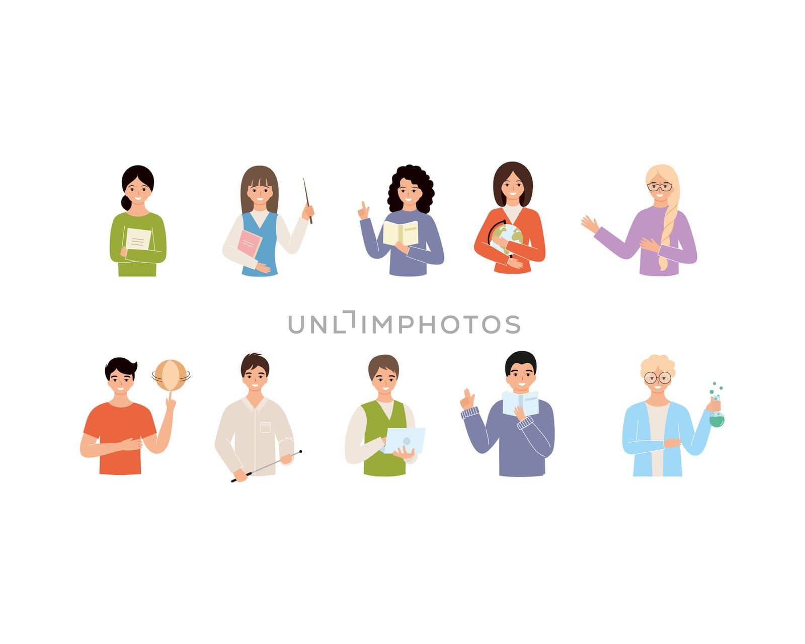 A large set of teachers in various subjects. Set of characters for teacher's day. Vector flat illustration on the theme of school and education. by polinka_art