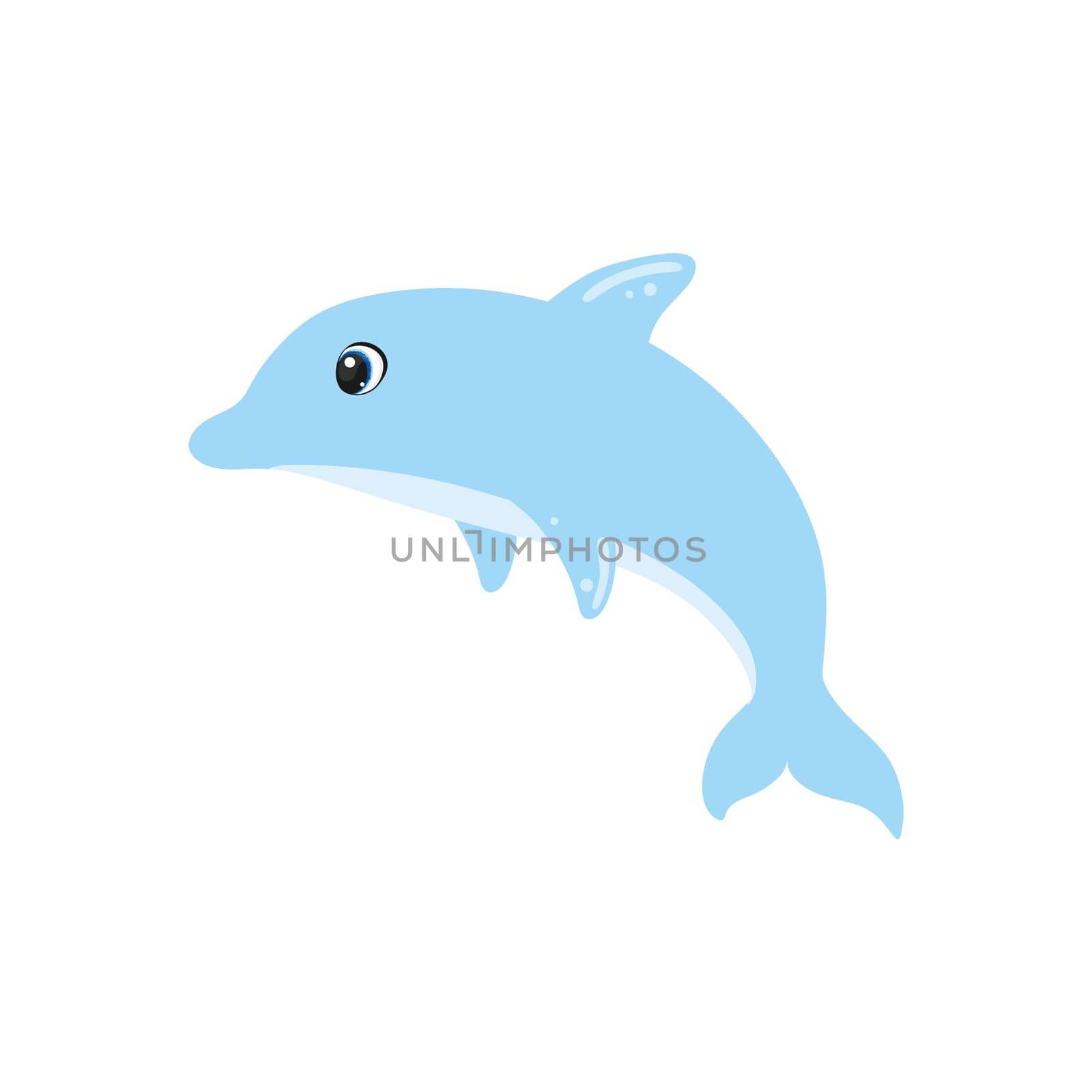 Cute Dolphin on a white background isolated. Bright children's cartoon illustration. Inhabitants of the seas and oceans. Maritime day. Drawing for children's books, coloring books, stickers, logo design, banner, business card. by polinka_art