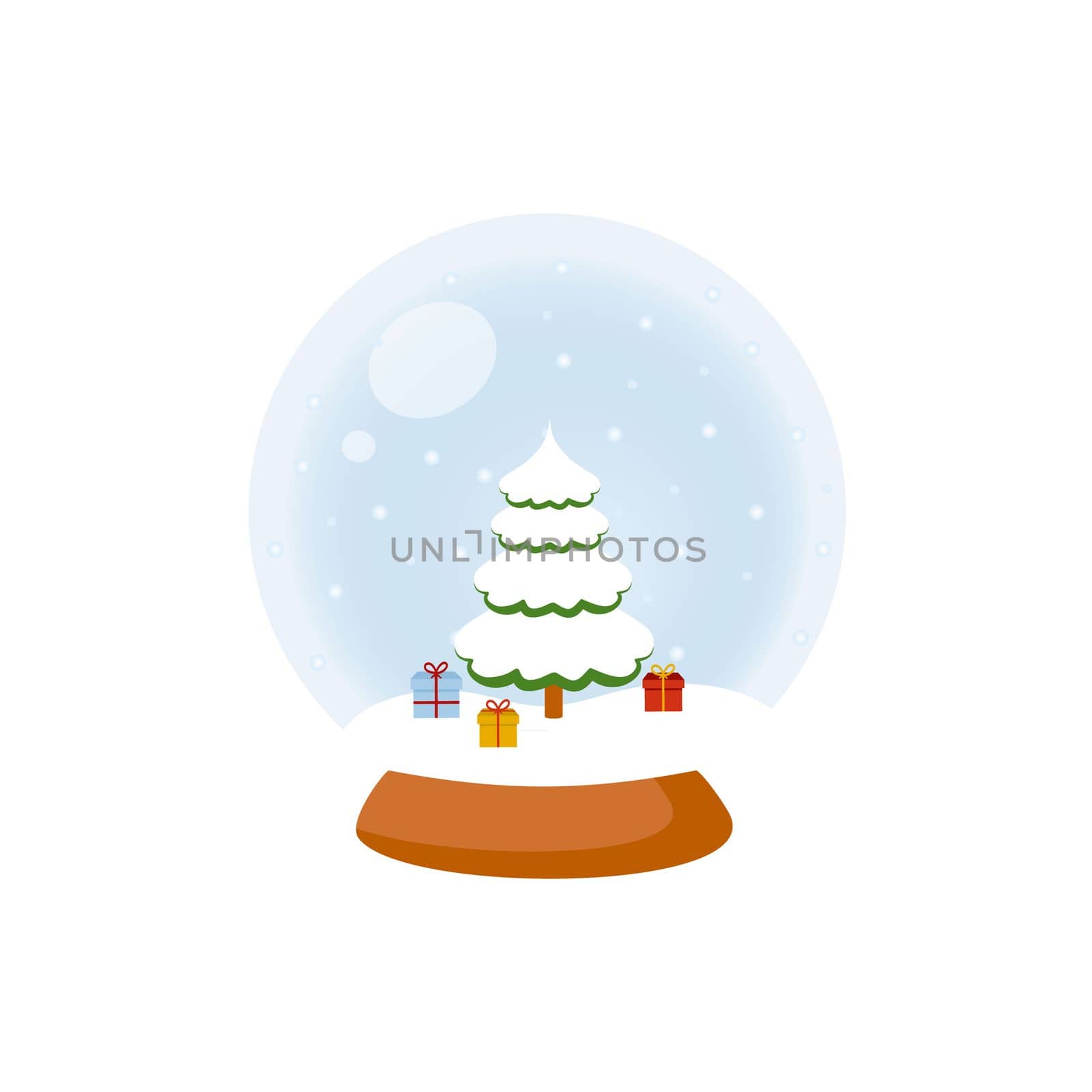 Magic glass ball with Christmas tree and gifts. Christmas tree decoration.