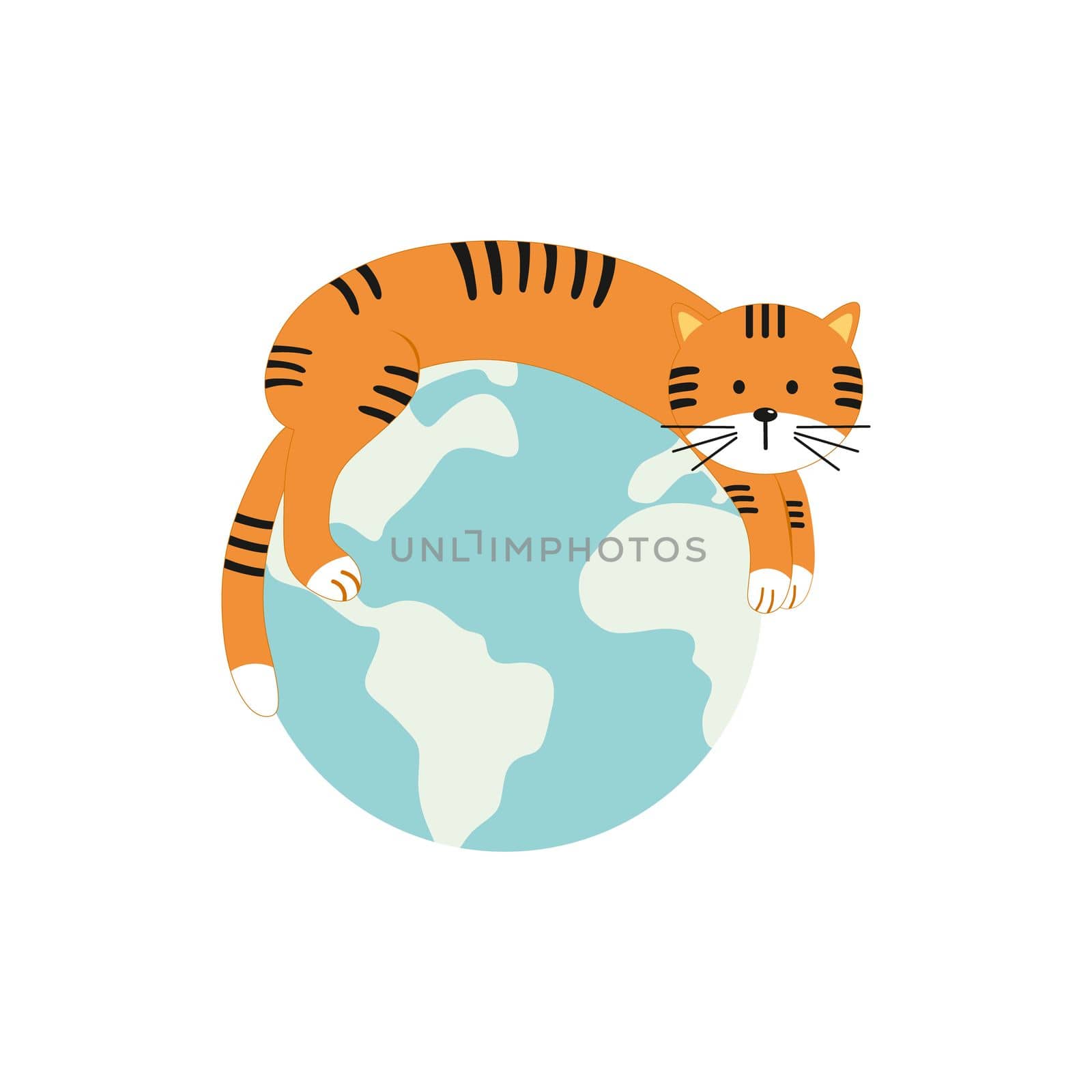 Cute tiger lies on a large globe. Vector cartoon illustration on the theme of nature protection and ecology. World tiger day. The concept of caring for nature, ecology and animals. Wildlife