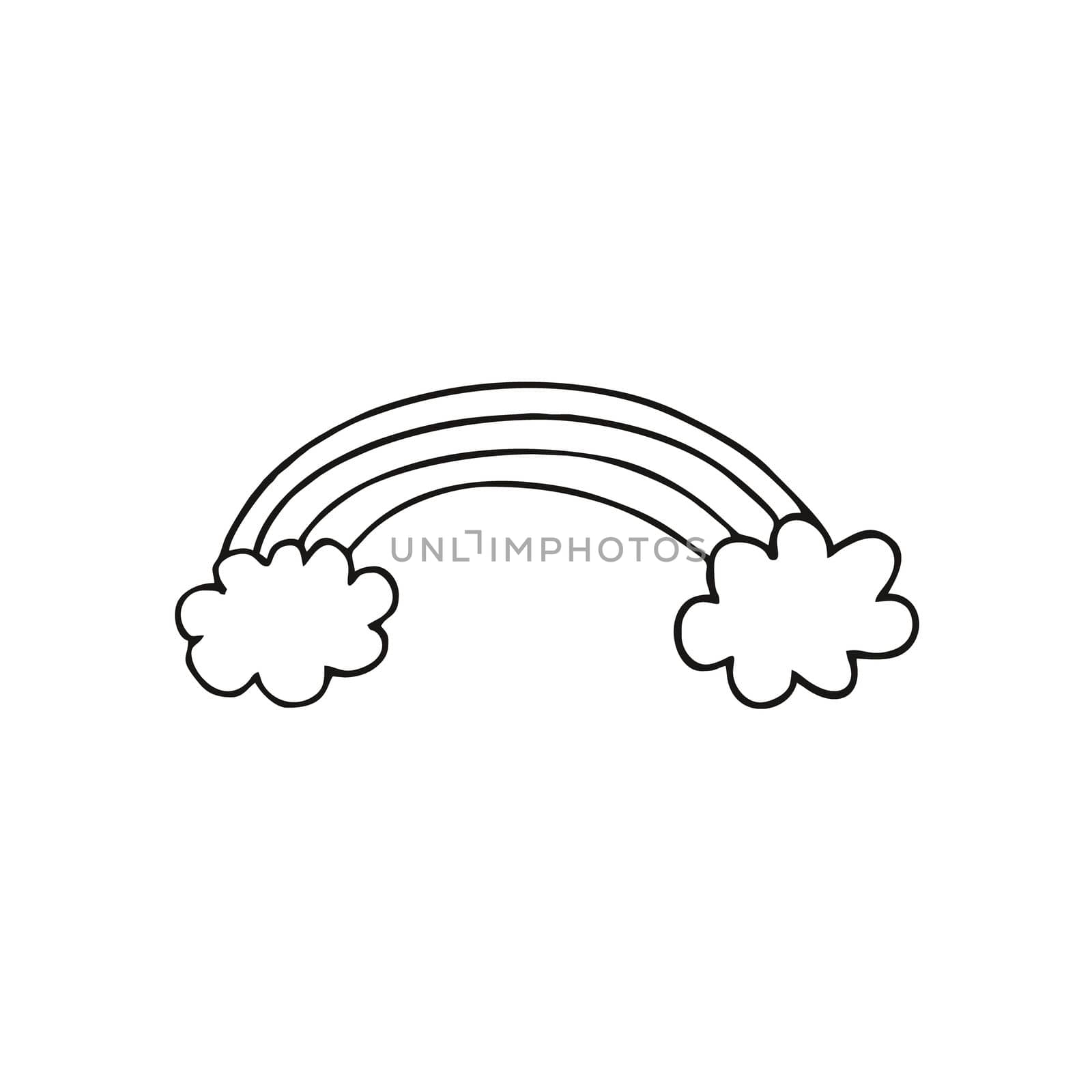 A rainbow and two clouds on a white background. Children's simple drawing of the Doodle sky. Vector illustration for children. Black-and-white outline image. Design of postcards, logos, posters, children's books, patterns for fabrics and clothing.