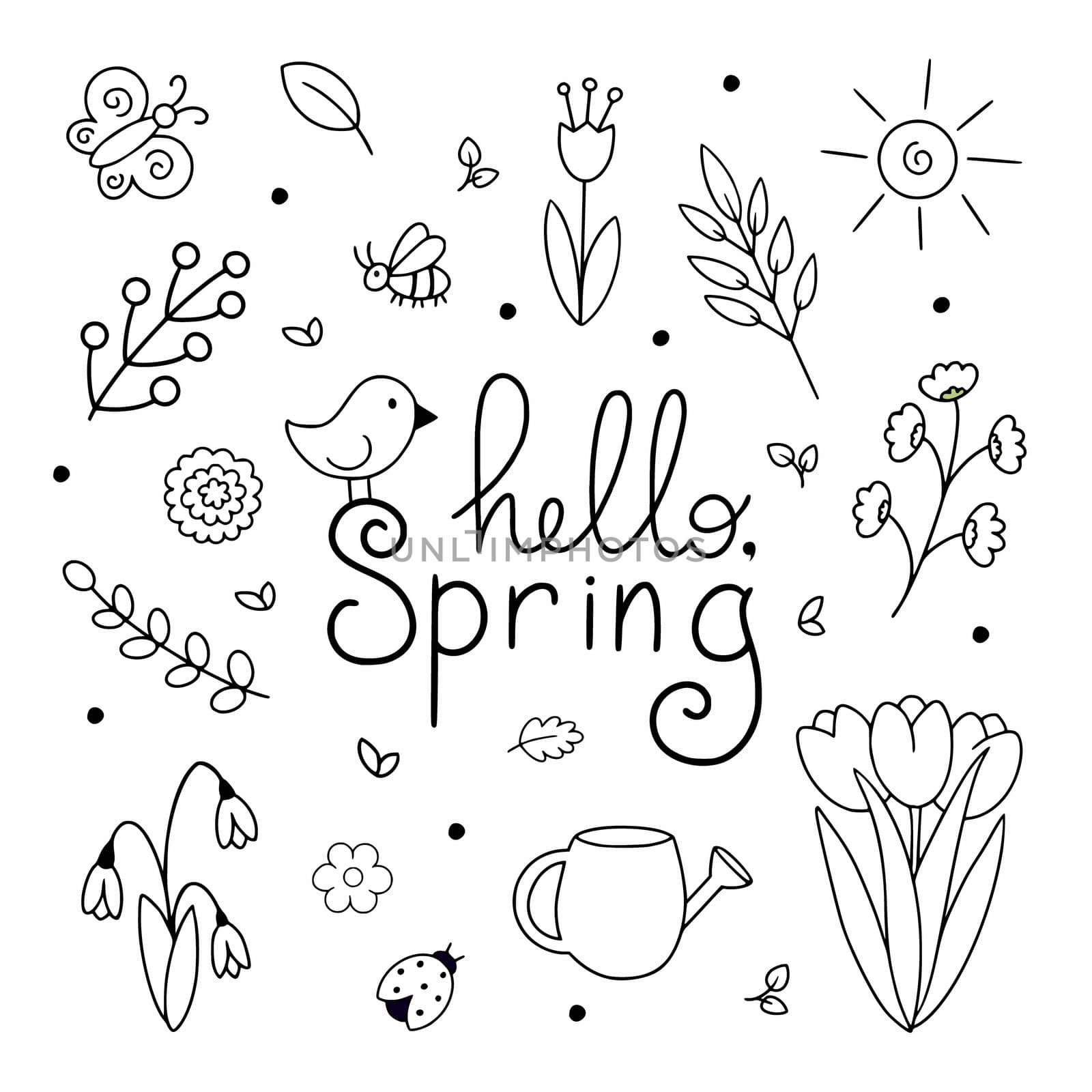 A set of elements for spring in the style of doodle. Coloring book for kids with flowers, insects and nature. Vector element for the design of a postcard. Decor for the holiday of March 8. by polinka_art