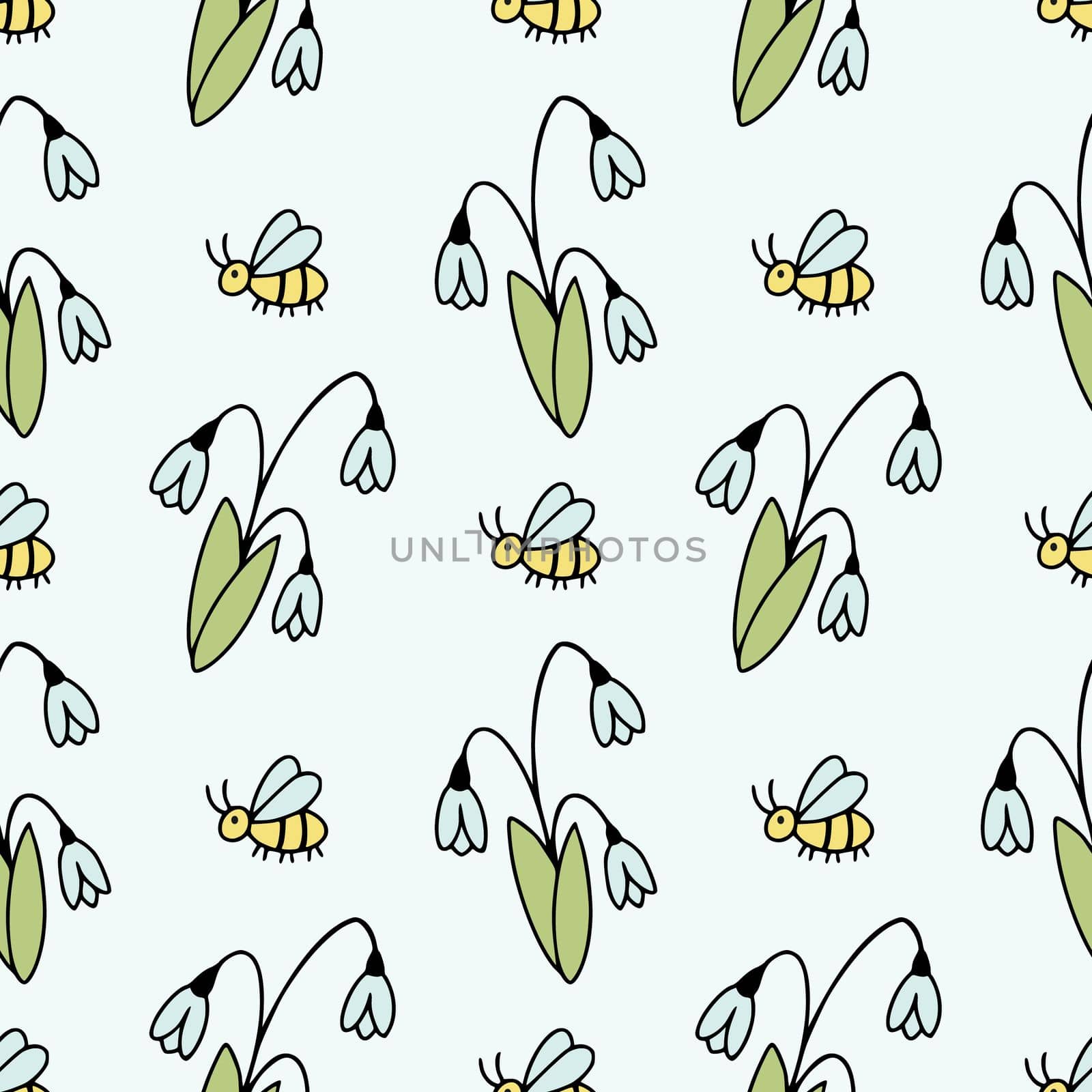 Seamless blue pattern with snowdrops. Spring background for sewing children's clothing, printing on fabric and packaging paper. by polinka_art