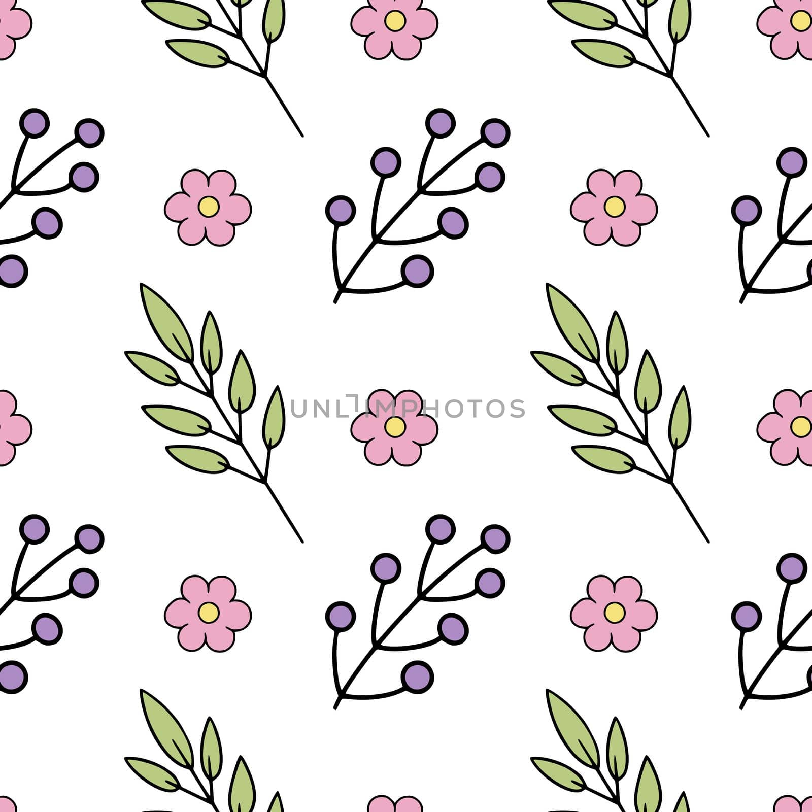 Endless spring pattern with twigs, flowers and leaves. Spring background for sewing clothes, printing on fabric and packaging paper.