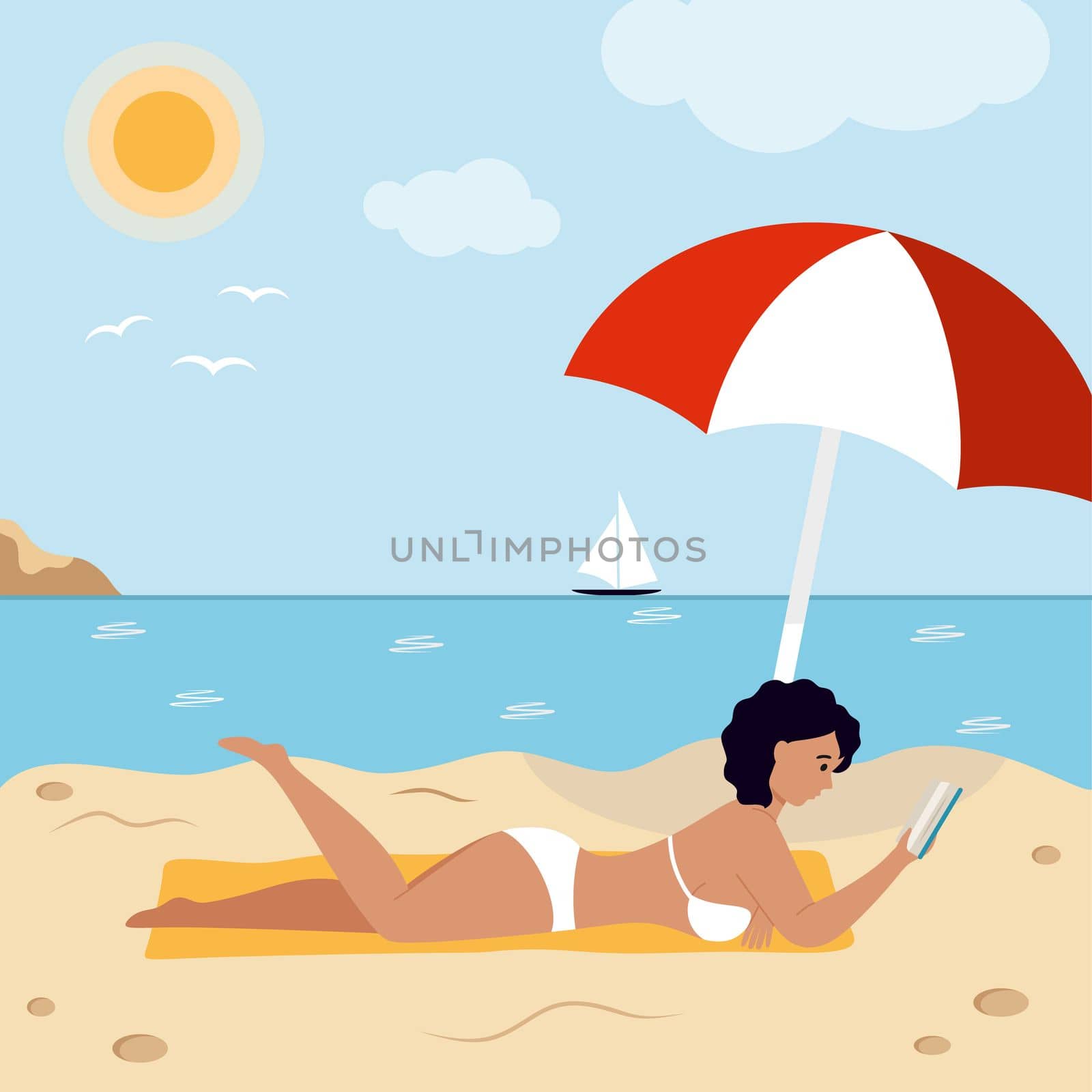 A woman in a swimsuit lies on the beach and reads a book. Tourism and travel. Vacation by the sea. by polinka_art