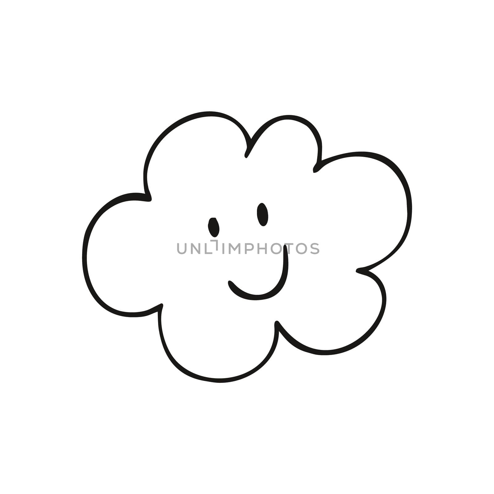A fun cloud with a black outline on a white background. Children's simple drawing of the Doodle sky. Vector illustration for children. Black-and-white outline image. Design of postcards, logos, posters, children's books, icons for weather forecast by polinka_art