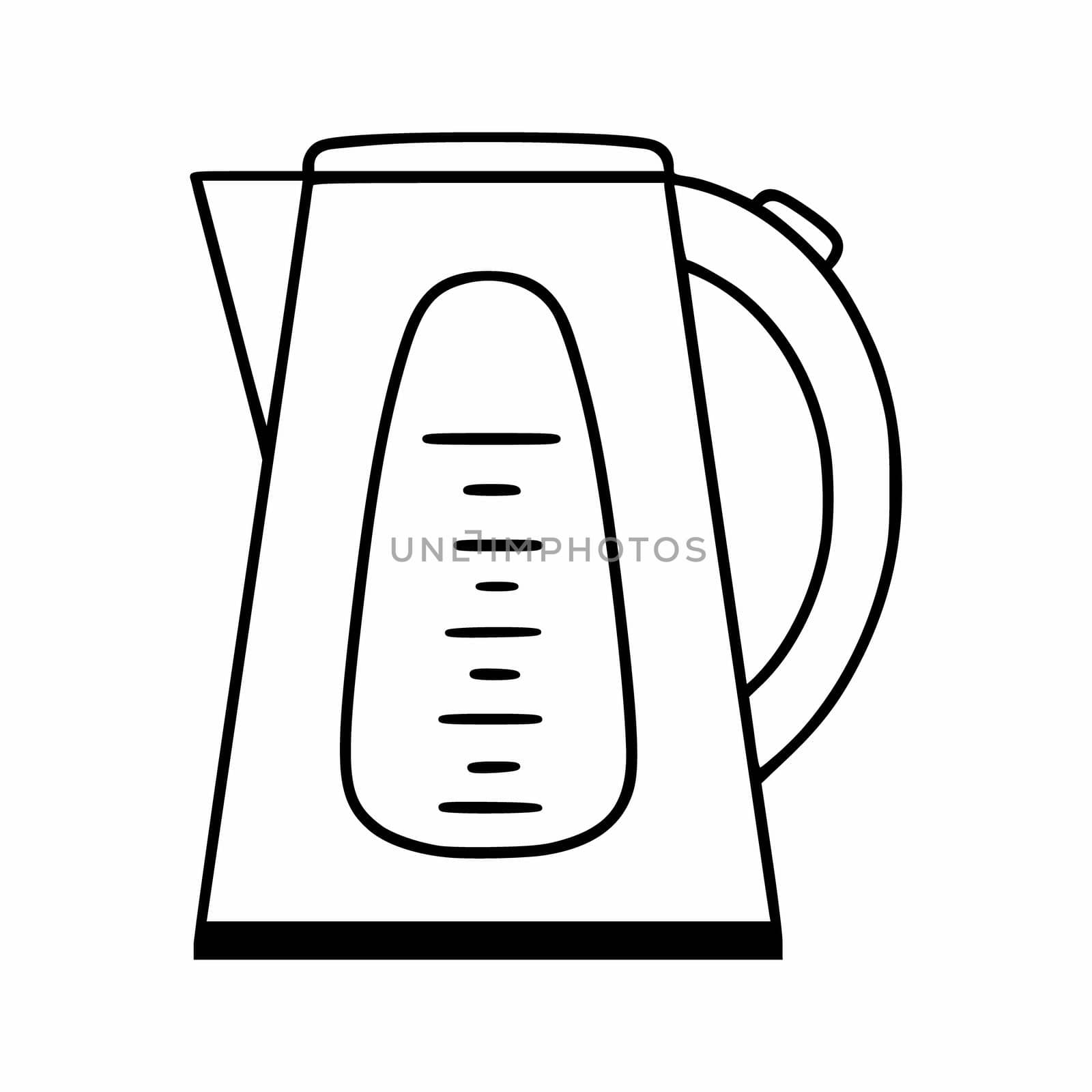 Electric kettle in a linear style. Kitchen appliances for cooking. Vector icon in the doodle style.