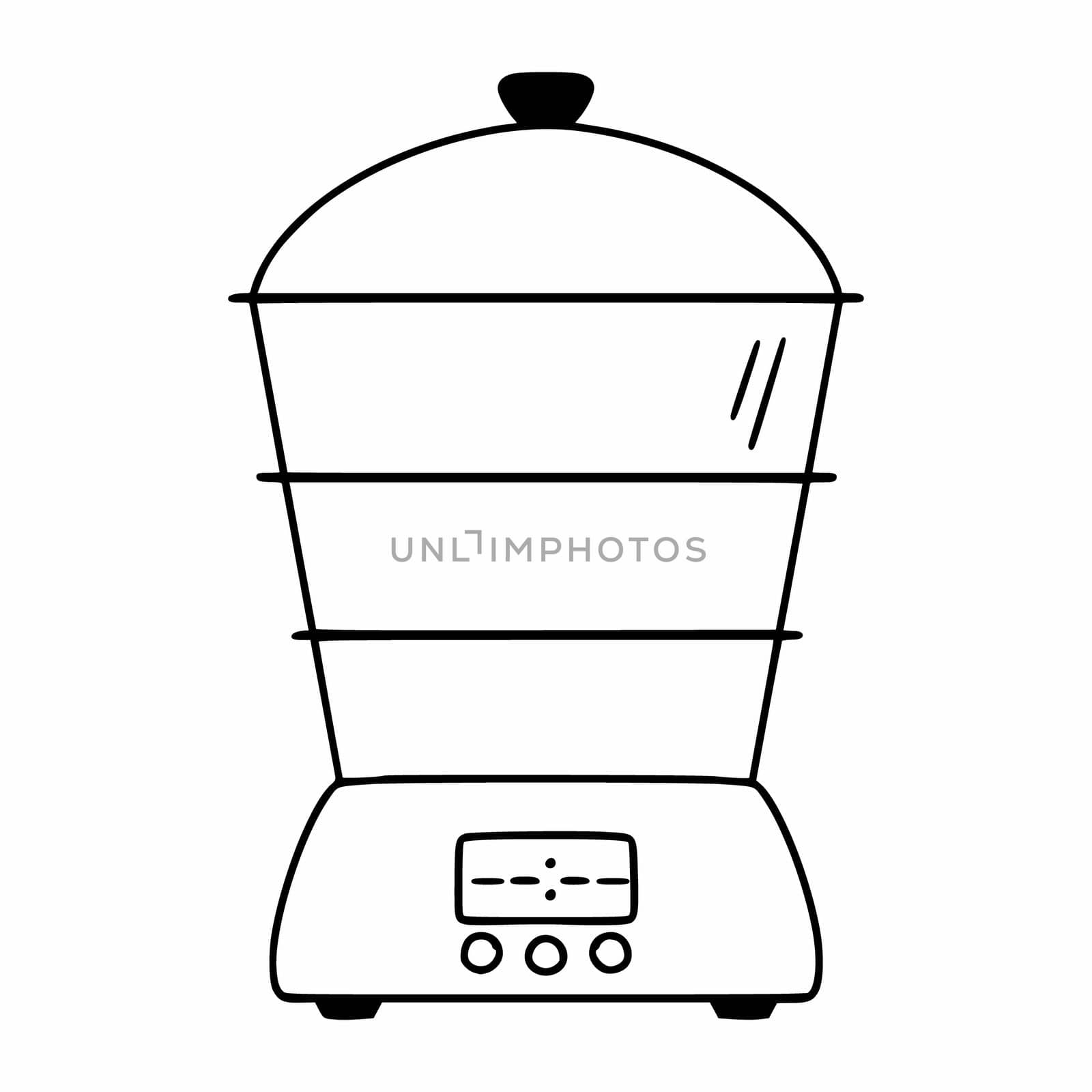 Electric steamer for cooking food. A black-and-white doodle-style steamer. Kitchen electric appliance. by polinka_art