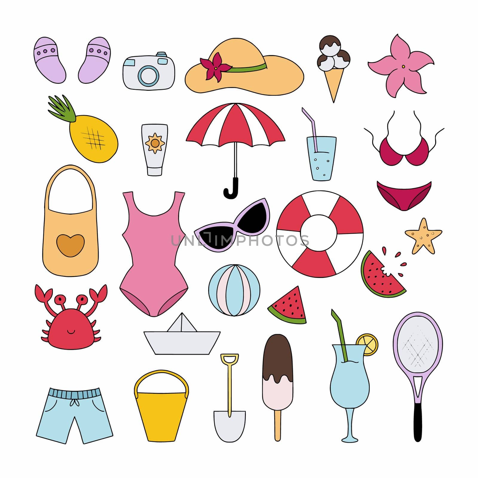 A large set with summer items for vacation, vacation and travel. Vector illustration in doodle style. by polinka_art