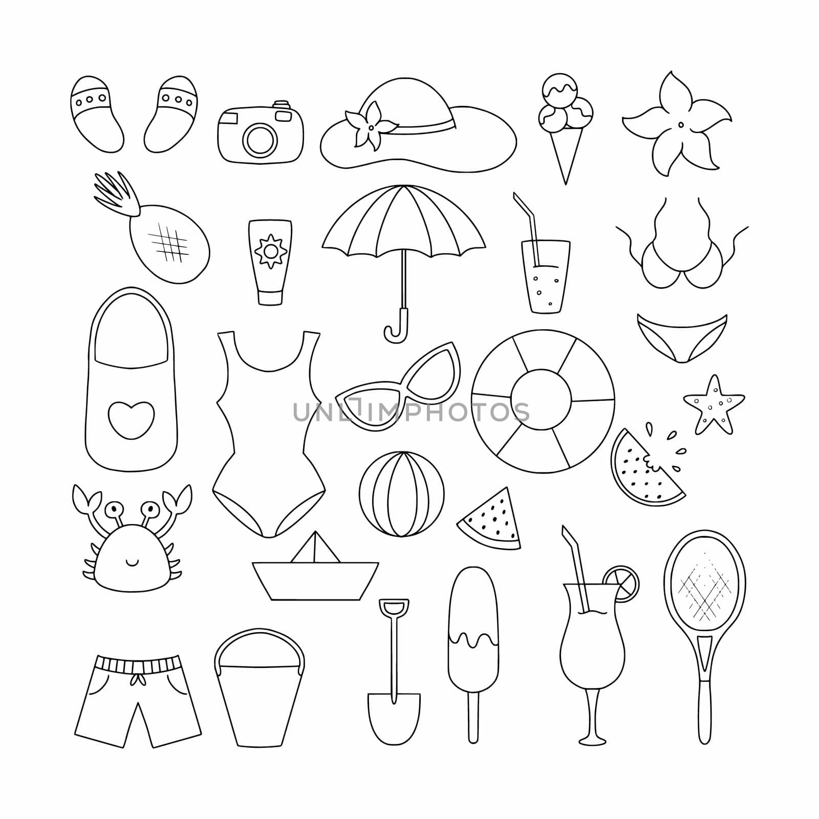 A large set with summer objects. Items for summer holidays and vacations by the sea. Vector illustration in the doodle style.