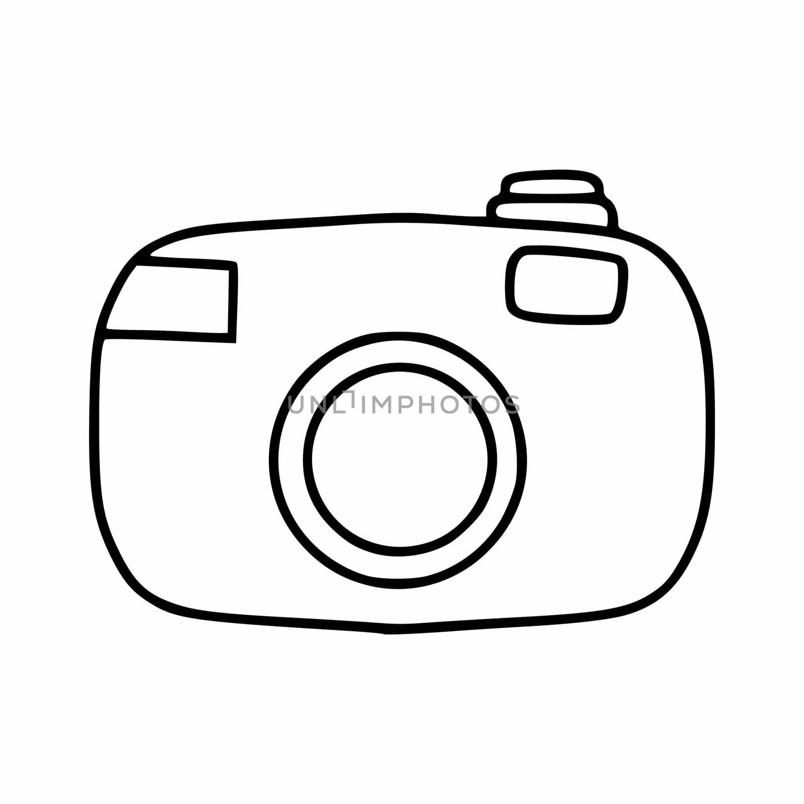 Icon camera in the style of Doodle. Cute camera with a black contour line. Hand-drawn drawing.