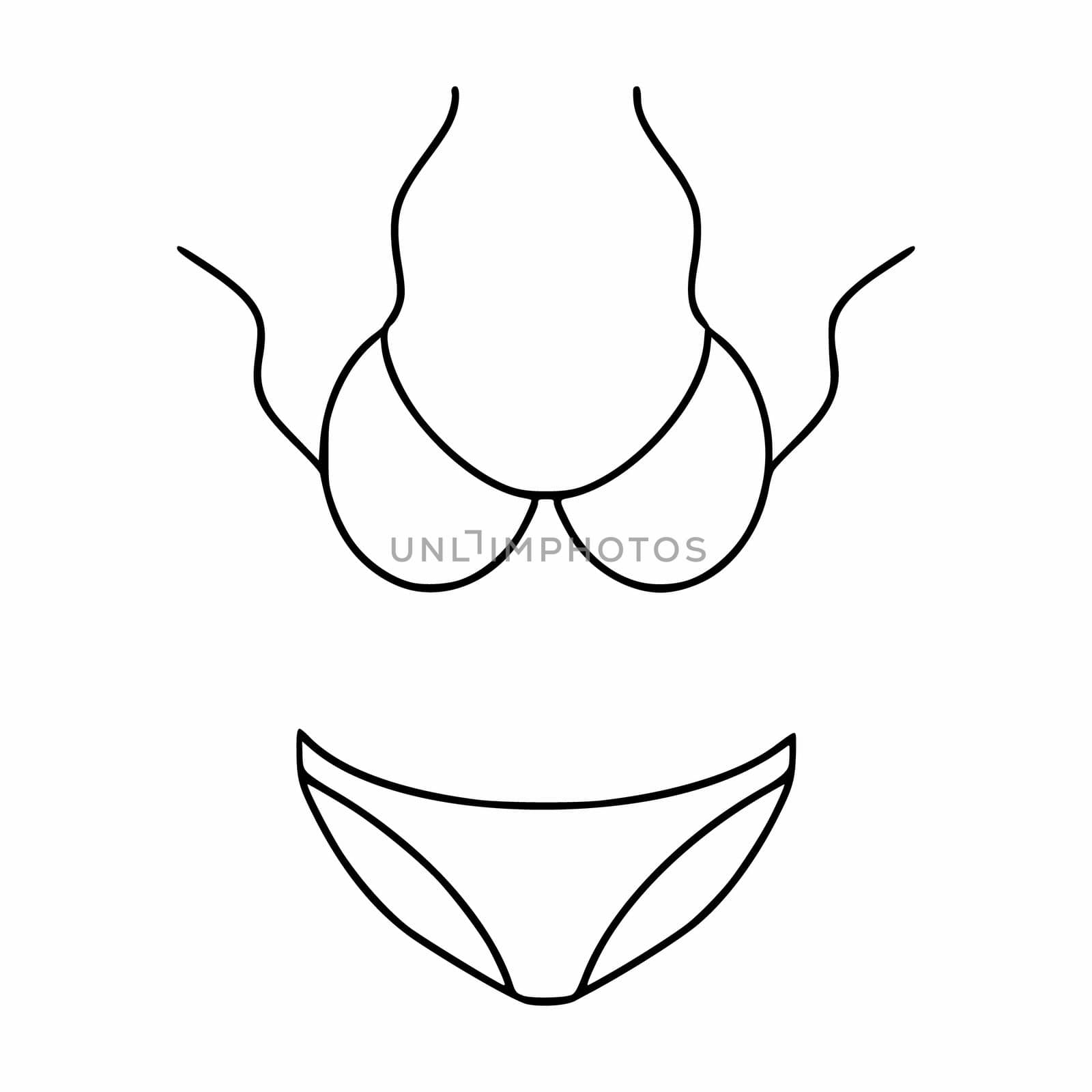 A swimsuit for a girl drawn in the style of a doodle. Vector icon with a contour line.