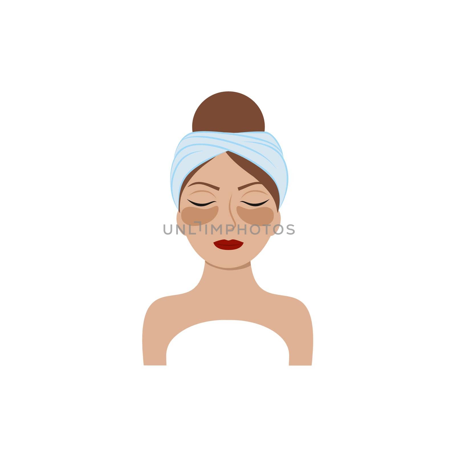 The face of a beautiful girl with a towel on her head and patches around her eyes. Vector cartoon illustration. The concept of body, face and eye care. Logo of  beauty salon, hair salon, Spa, manicure by polinka_art