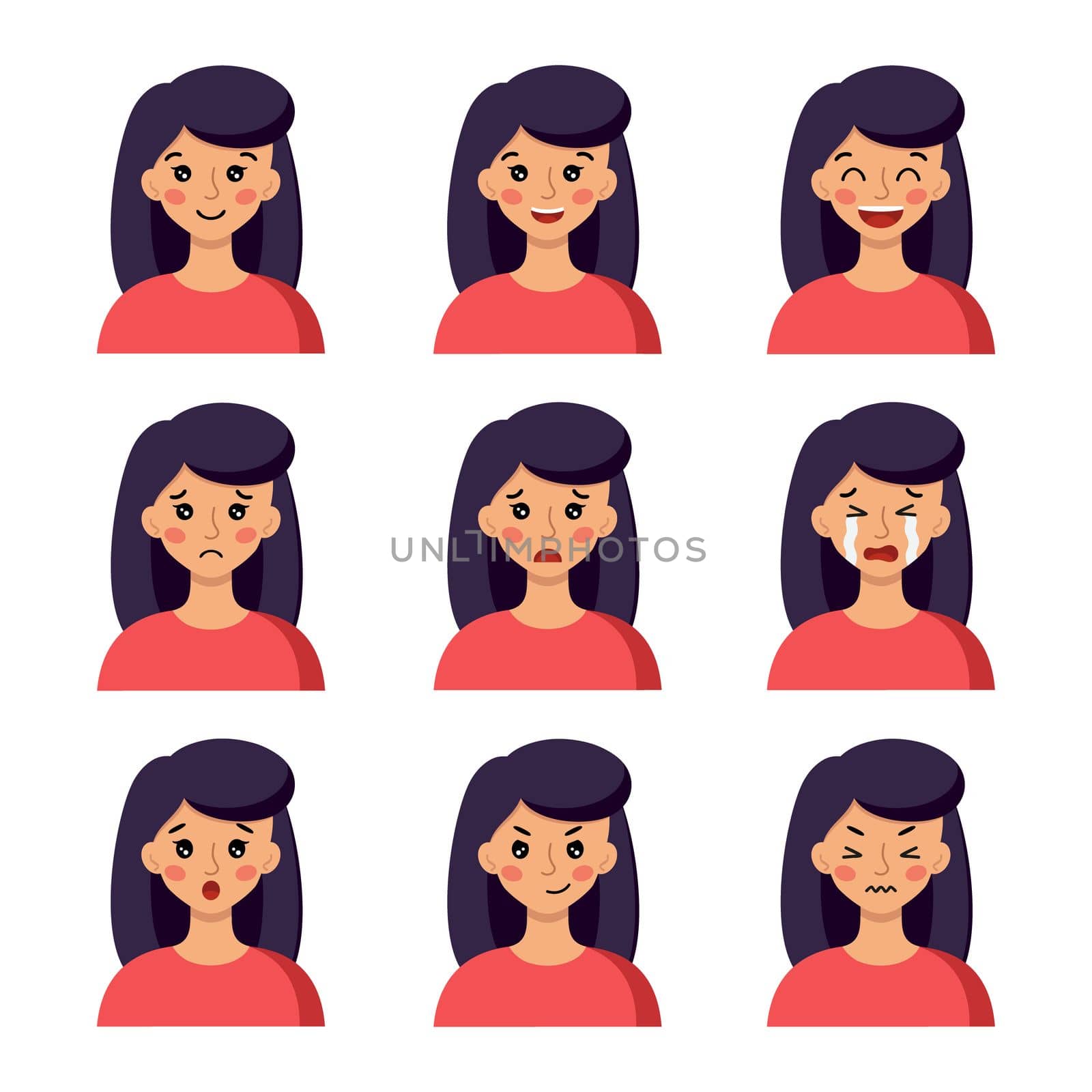 A girl's face with different emotions: fun, laughter, anger, resentment, mockery. Vector character in the cartoon style.