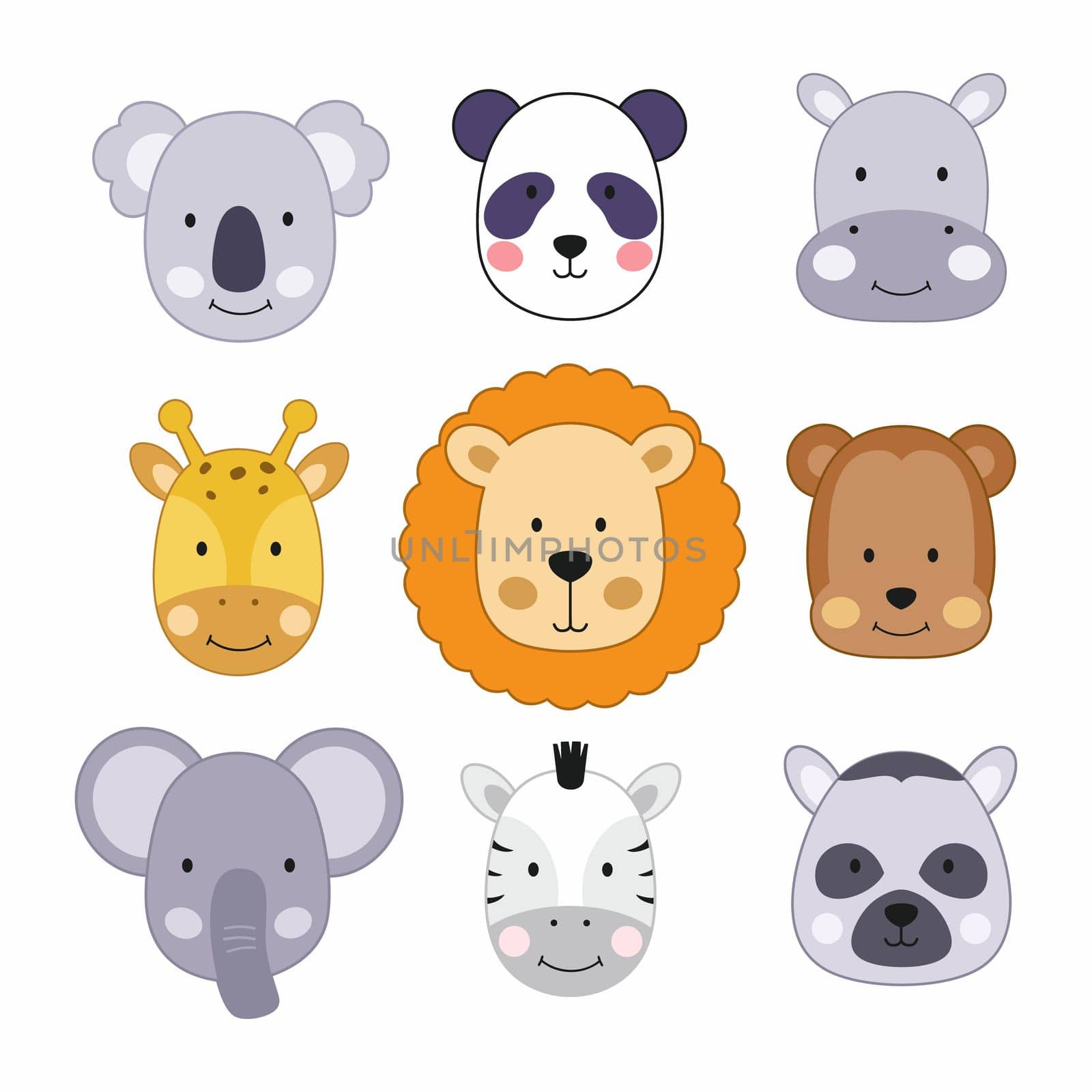 A set of illustrations with cute animal faces. Wild animals for kids in cartoon style. by polinka_art
