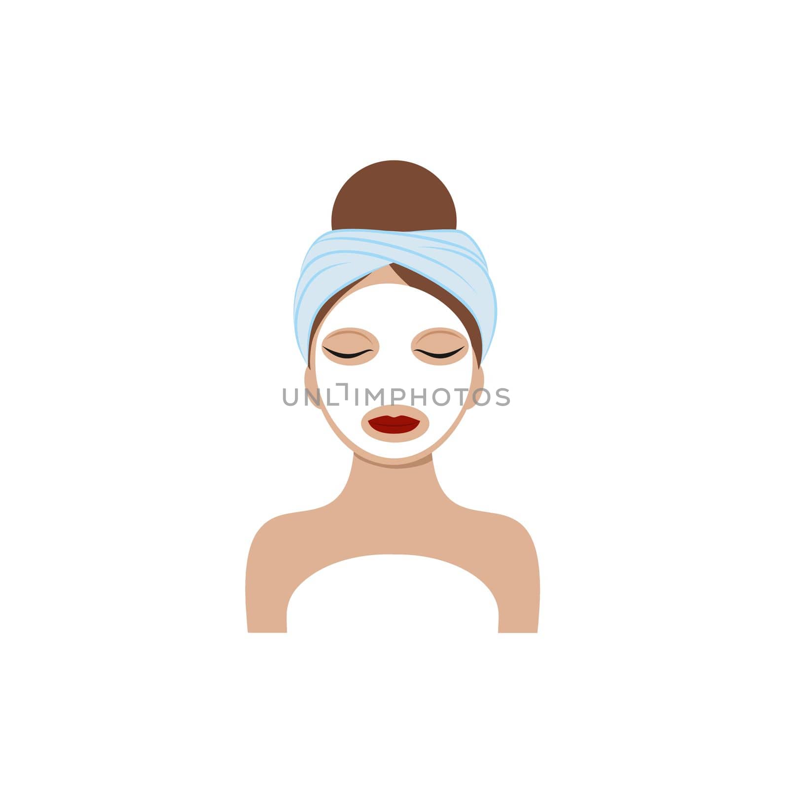 The face of a beautiful girl with a towel on her head and a white cosmetic mask on her face. Vector illustration of a cartoon. The concept of body, face and eye care. Logo of a beauty salon, Spa, manicure by polinka_art