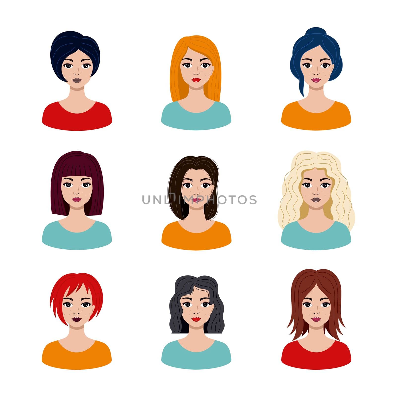 A woman with a fashionable hairstyle. A set of avatars with a girl's face.