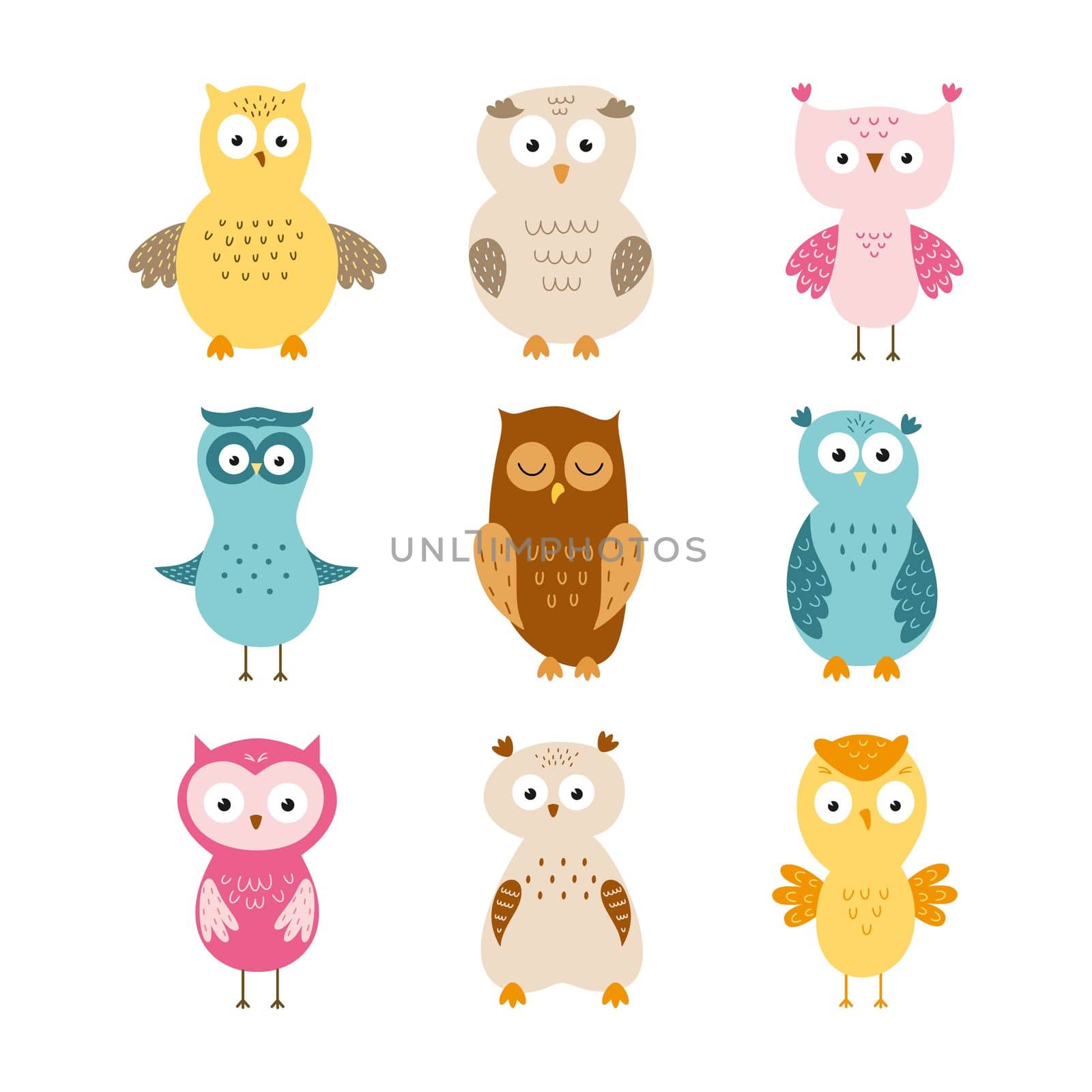 Set with funny owls for kids. Vector illustration in the style of a freehand drawing. by polinka_art