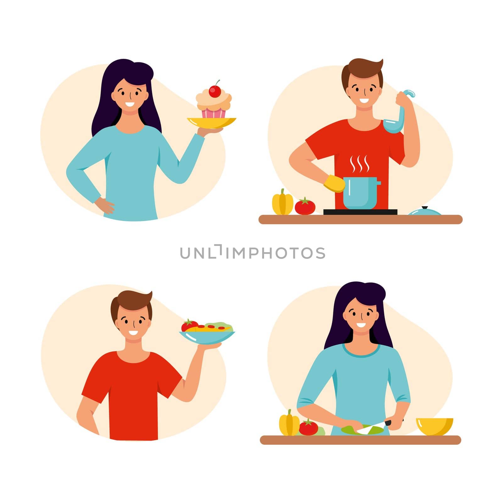A man and a woman prepare food in the kitchen. Vector character in a flat style. by polinka_art