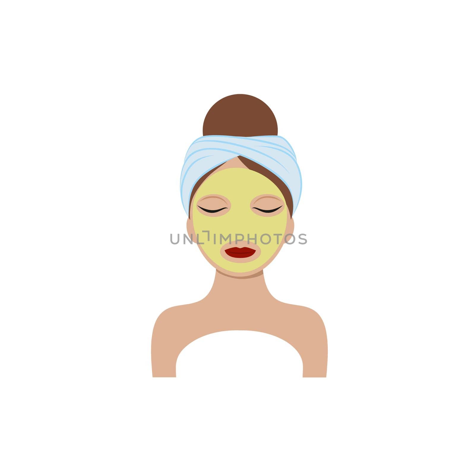 The face of a beautiful girl with a towel on her head and a green cucumber mask on her face. Vector illustration of a cartoon. The concept of body, face and eye care. Cosmetologist services, beauty salon, Spa, beauty Studio. by polinka_art