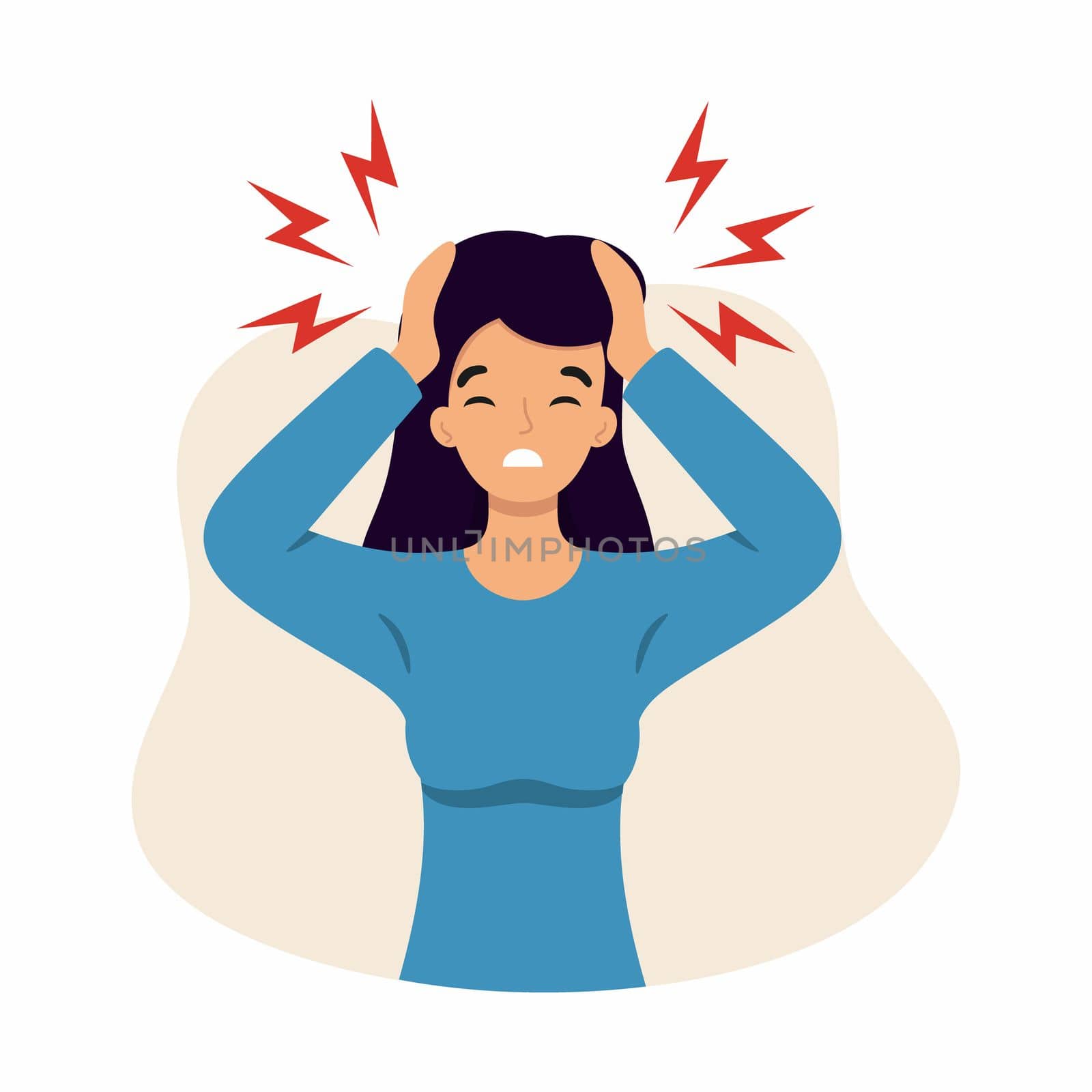 The woman suffers from headaches and migraines. Symptoms of a viral disease. Vector character in the cartoon style. by polinka_art