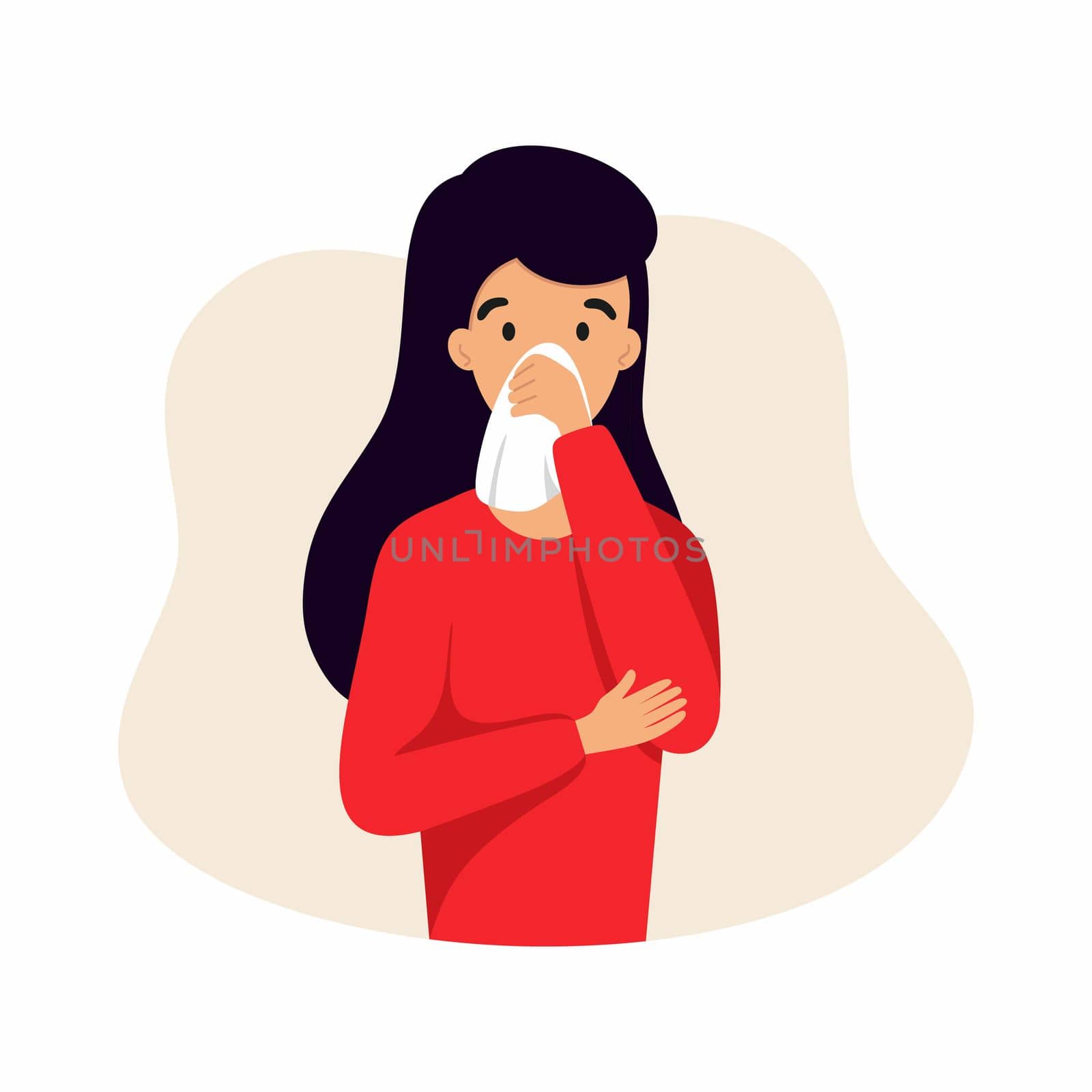 The girl suffers from a runny nose and nose diseases. Vector character with symptoms of a viral or bacterial infection. by polinka_art