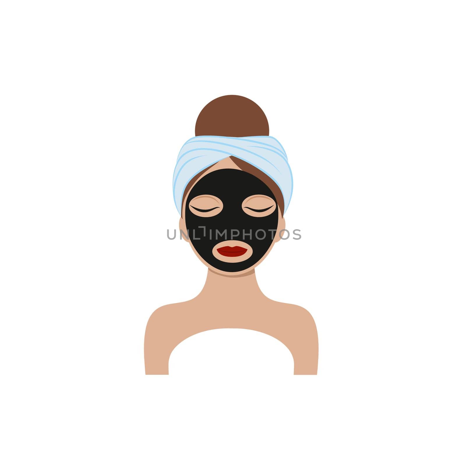 The face of a beautiful girl with a towel on her head and a black charcoal mask on her face. Vector illustration of a cartoon. The concept of body, face and eye care. Cosmetologist services. by polinka_art