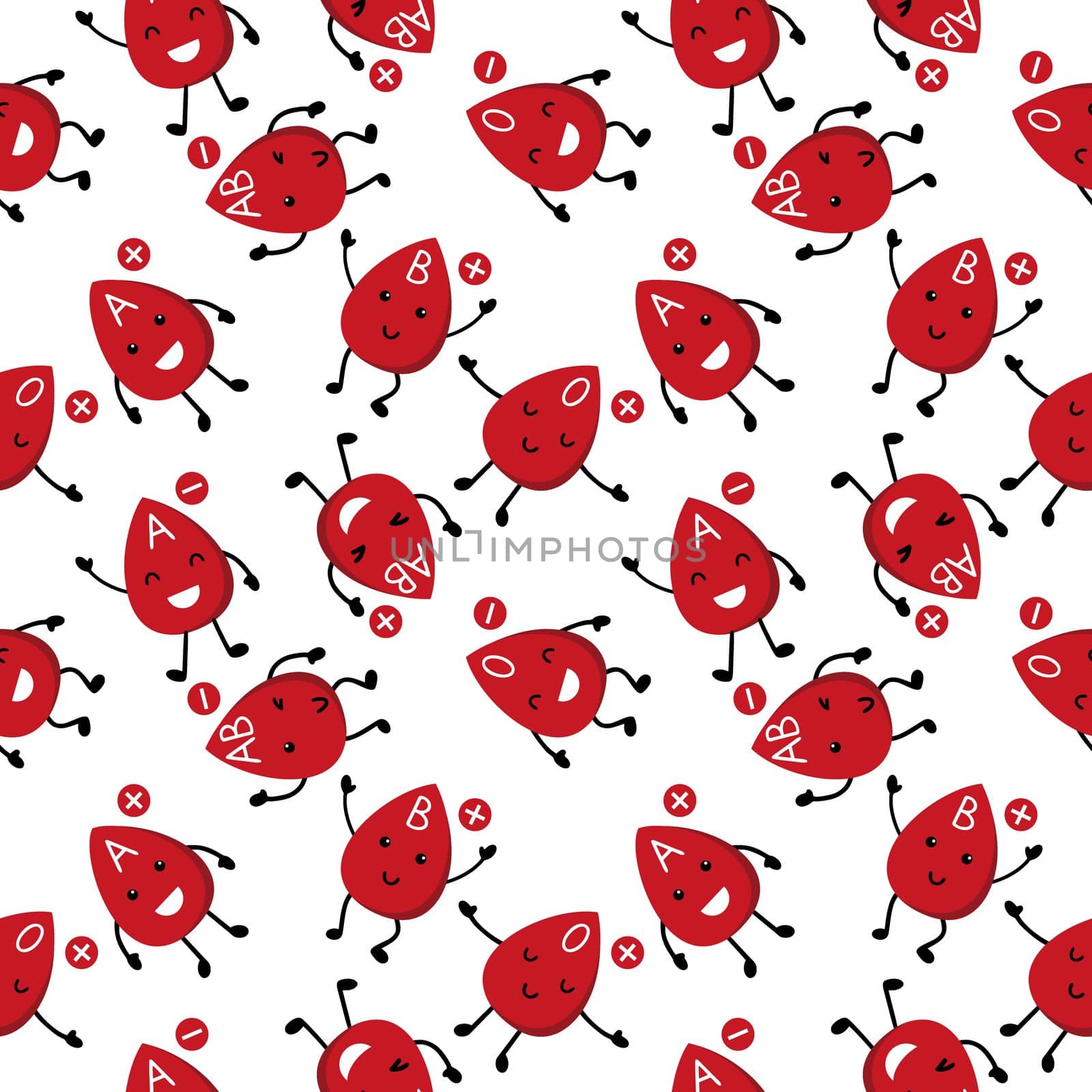 Seamless background with cute blood drops. Blood type and Rh factor. by polinka_art