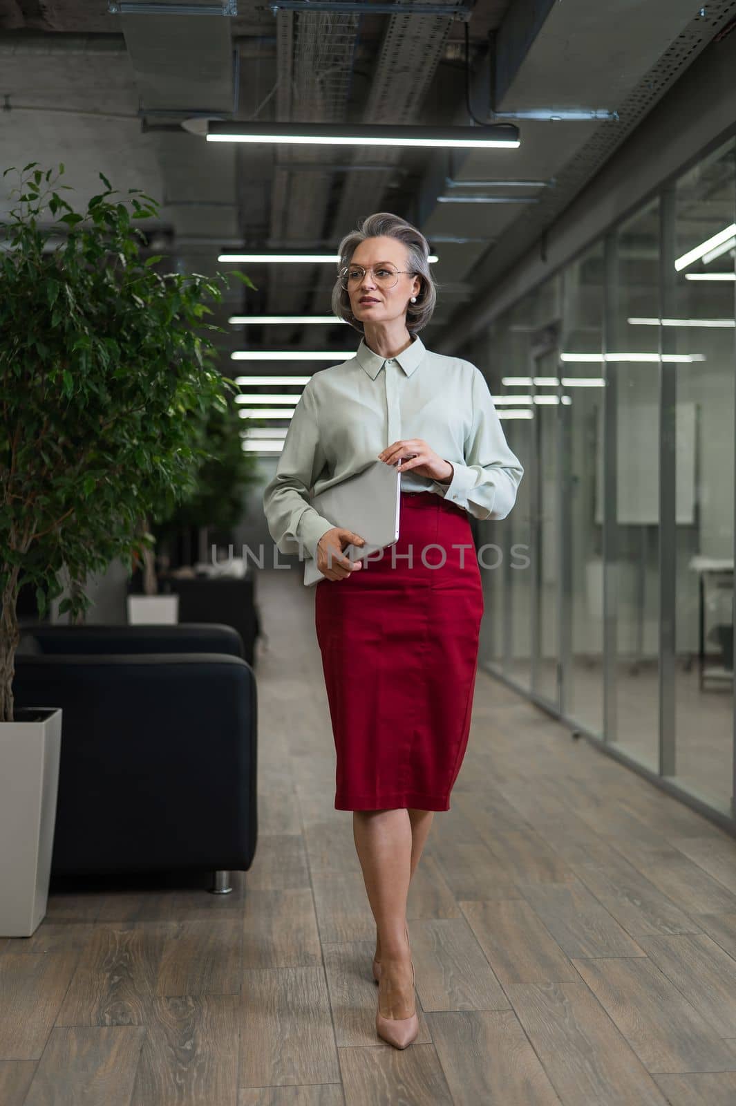 Attractive mature caucasian woman holding laptop while standing in office