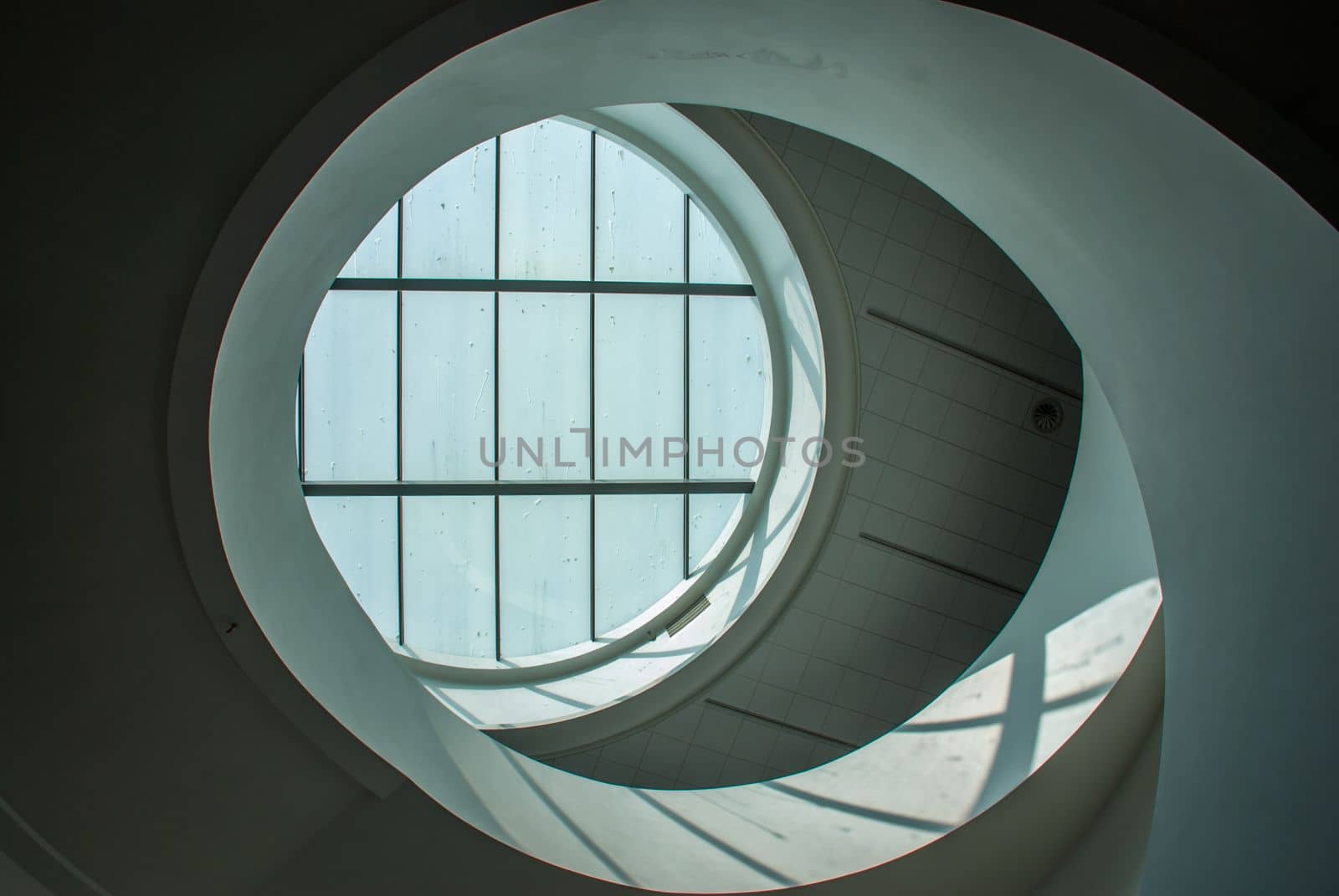 LIVERPOOL UK - May 13, 2019 - Round glass on the ceiling of the building, is a highly effective way to add light inside the building from light poured directly from the sun, Liverpool, England, UK 13 May 2019.
