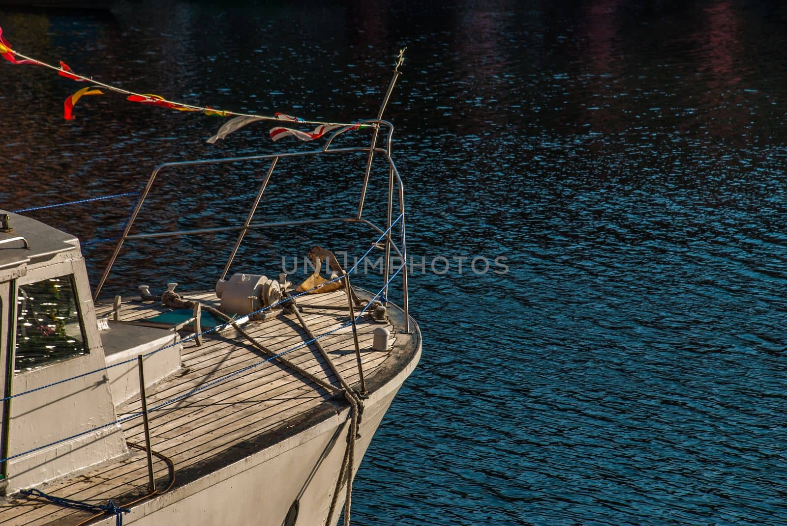 Closeup of a front of a Yacht parked at jetty Suitable for background images.