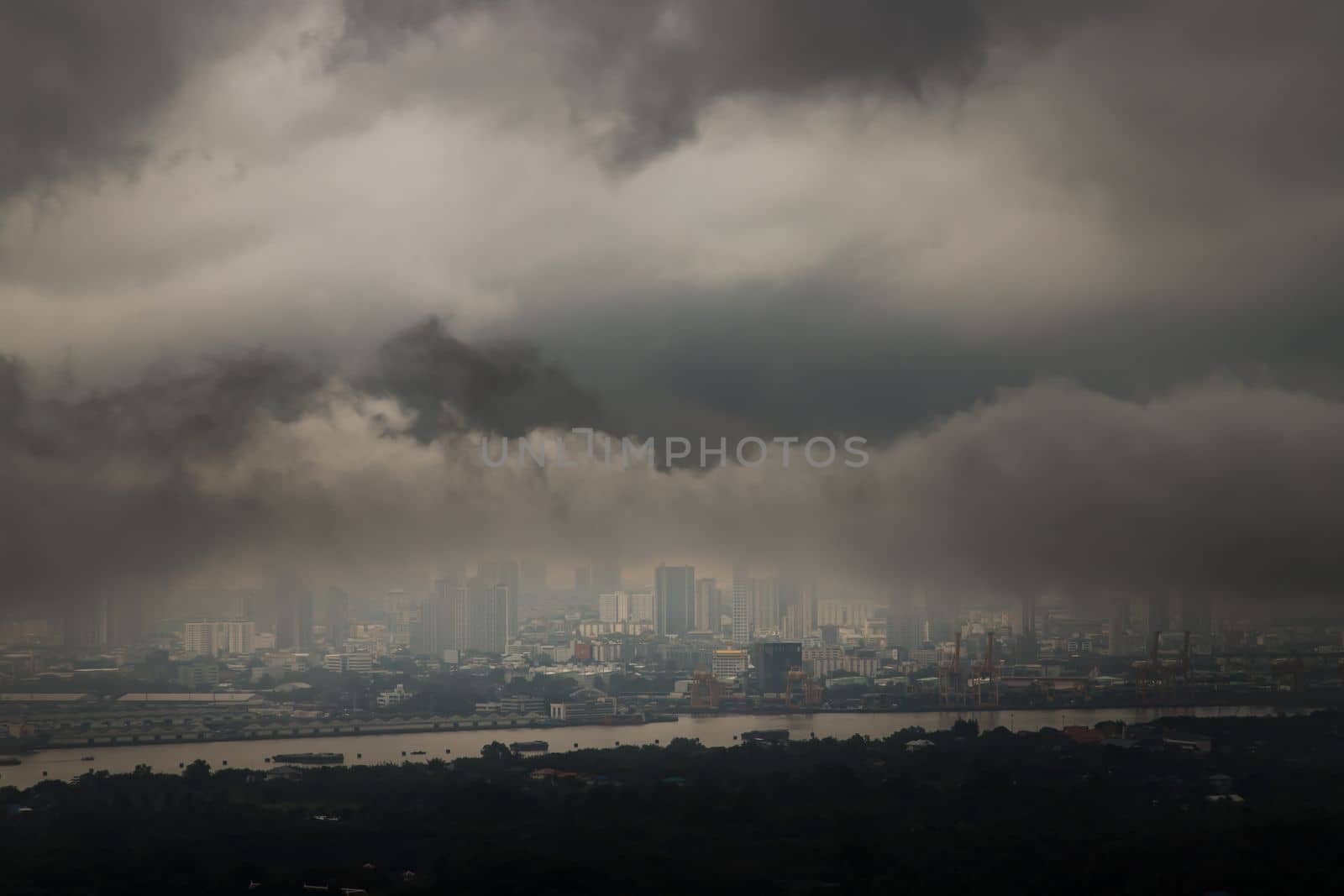 Bangkok, thailand - Oct 16, 2020 : PM 2.5 or Heavy smog was covered the Bangkok building the morning.There are air pollution under heavy cloud. Focus and blur.