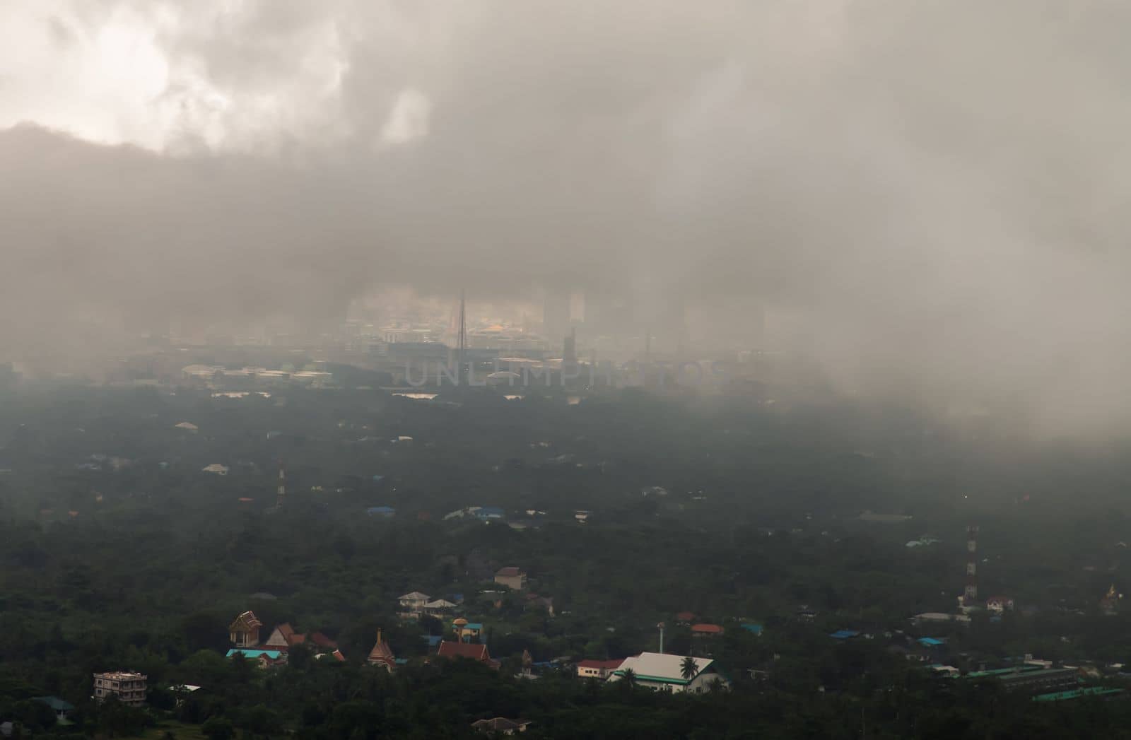 Bangkok, thailand - Oct 16, 2020 : PM 2.5 or Heavy smog was covered the Bangkok building the morning.There are air pollution under heavy cloud. Focus and blur.