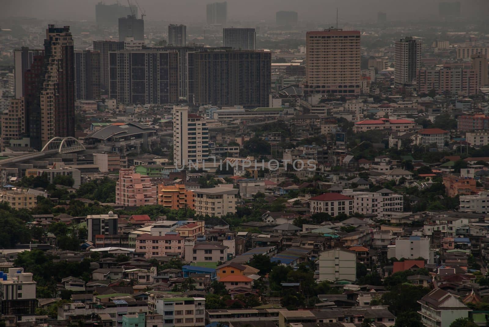 Bangkok, Thailand - Oct 05, 2019 : Aerial view of Bangkok skyscraper buildings at afternoon. Landscape photo.