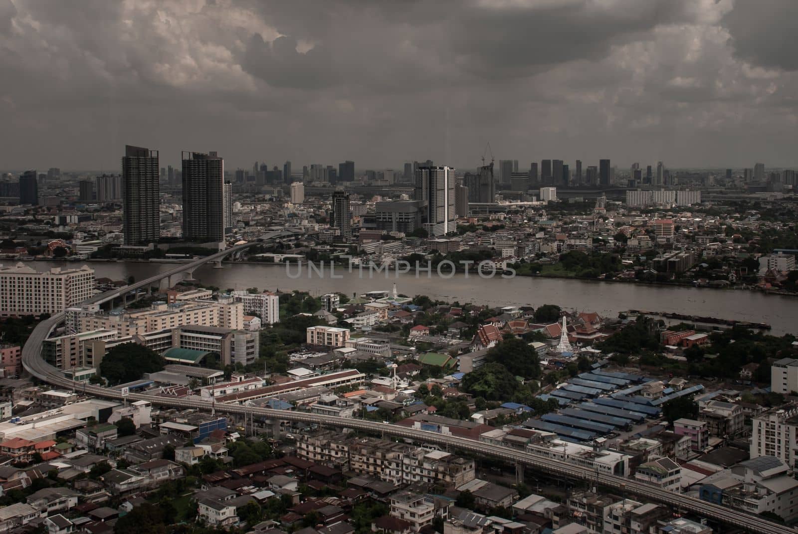 Bangkok, Thailand - Oct 05, 2019 : Beautiful view of Bangkok city, Beauty skyscrapers along Chaopraya river in the afternoon, making the city modern style.