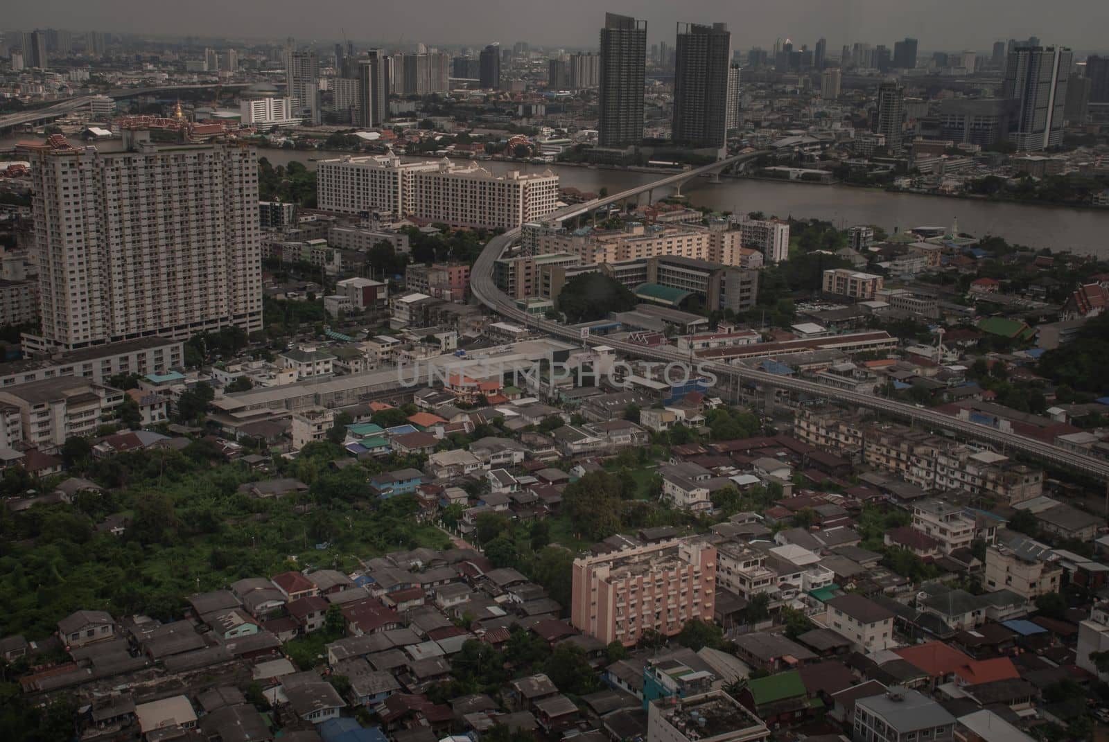 Bangkok, Thailand - Oct 05, 2019 : Aerial view of Bangkok skyscraper buildings at afternoon. Landscape photo.