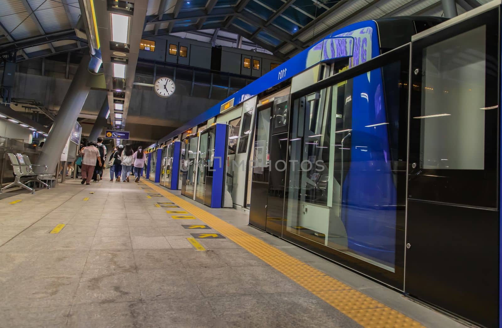 Bangkok, thailand - Sep 18, 2020 : The people on Tha Phra BTS Skytrain Station of the central business district of Bangkok. The Bangkok Mass Transit System. Selective focus.