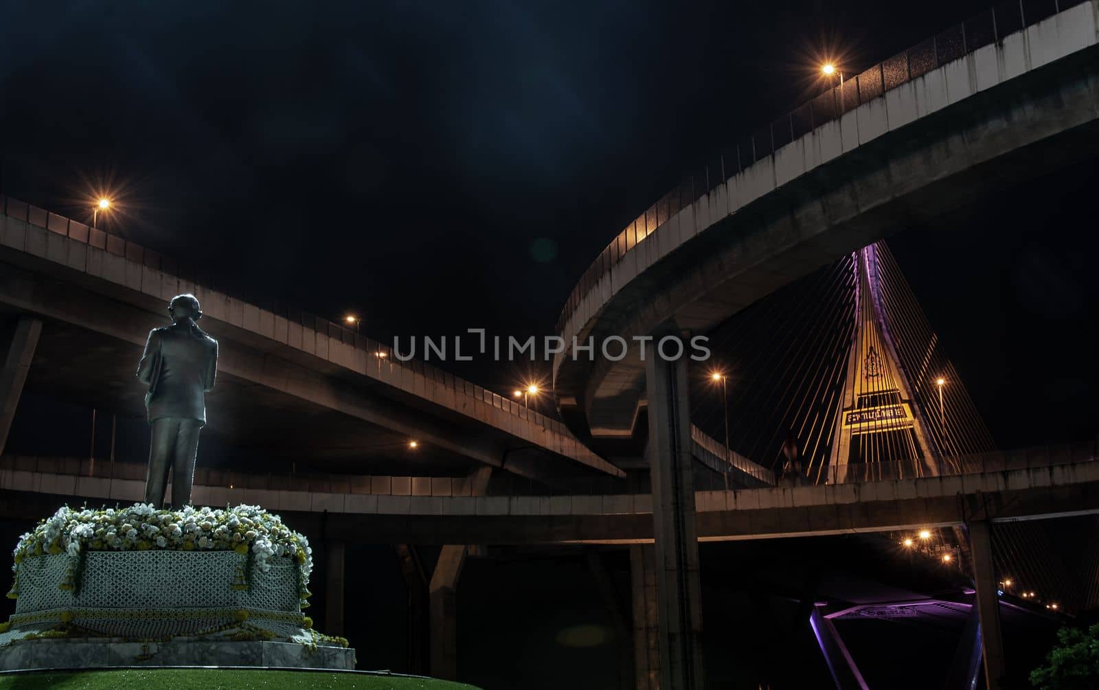 Samutprakan, thailand -  jun, 2019 : Beautiful twilight scenes of The Bhumibol Bridge,also known as the Industrial Ring Road Bridge. The bridge crosses the Chao Phraya River.