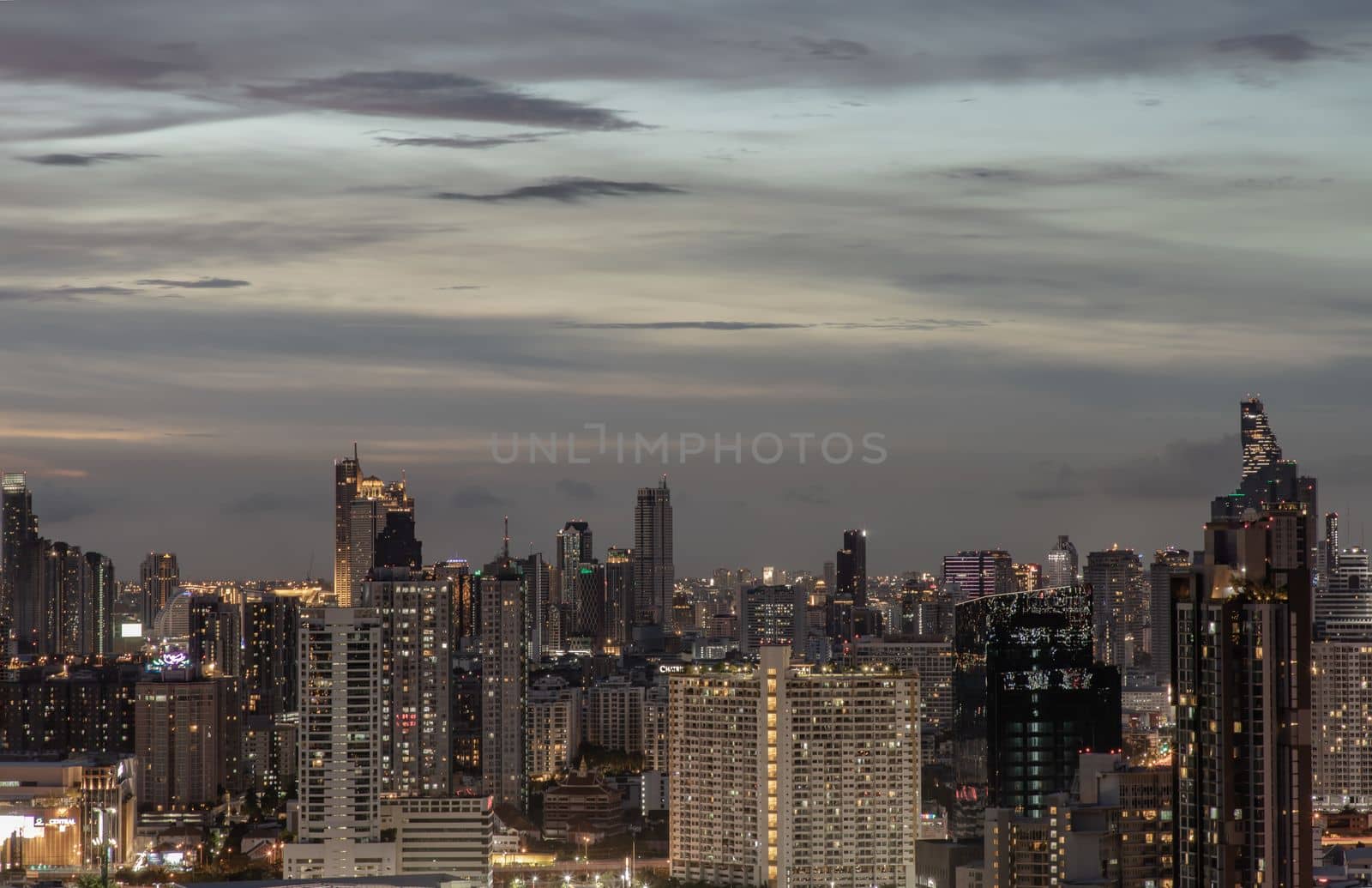Bangkok, thailand - Sep 13, 2020 : Bangkok downtown cityscape with skyscrapers at night give the city a modern style. No focus, specifically.