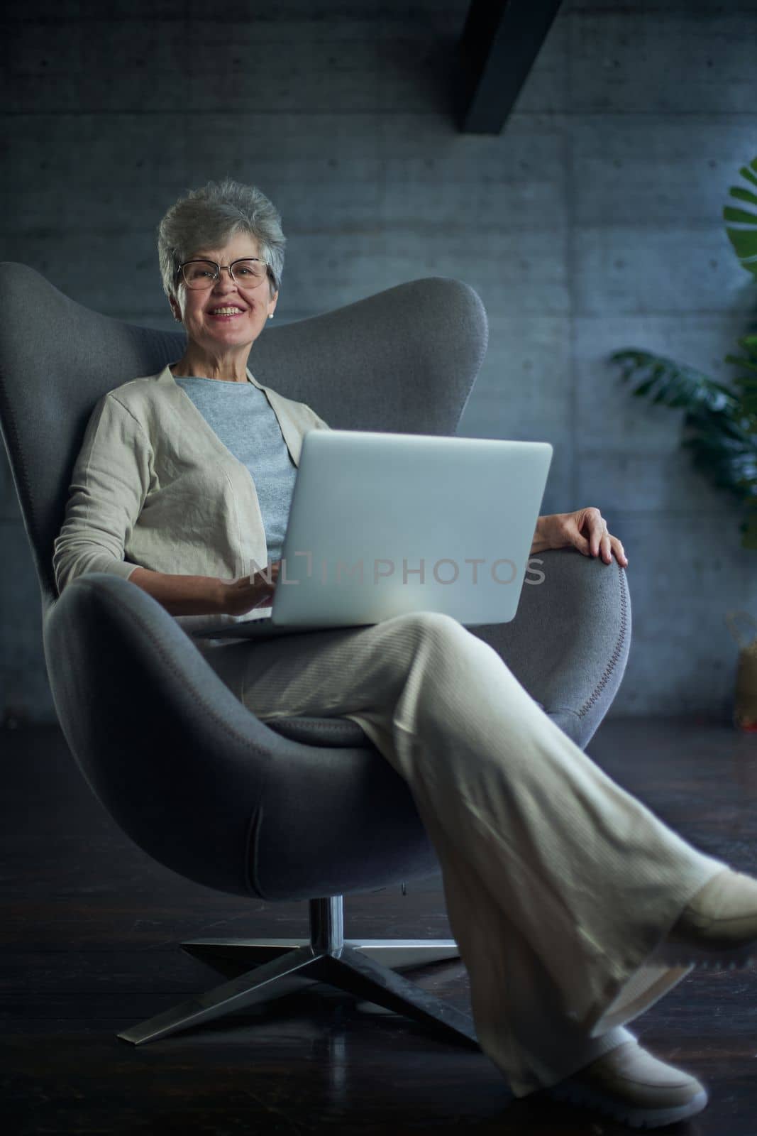 woman sitting in a chair in Art Nouveau style. Business, elegant businesswoman working on laptop . Interior, furniture.
