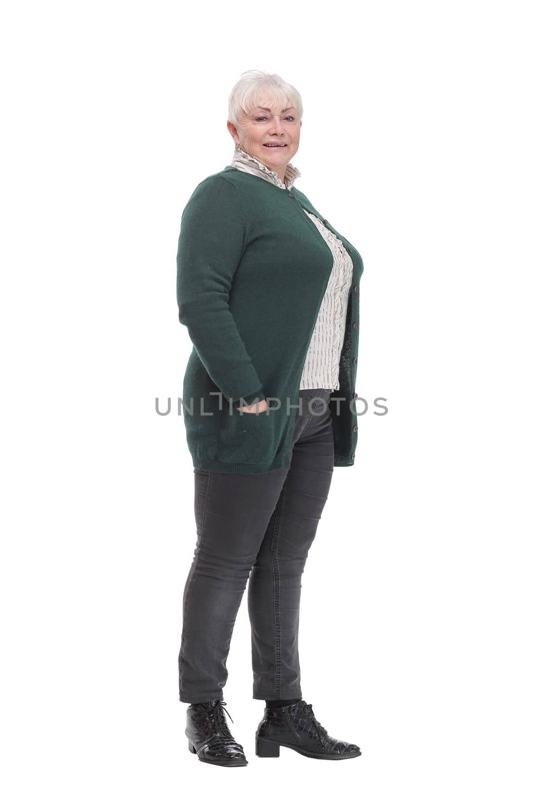Portrait of confident mature woman in smart casual standing isolated over white background