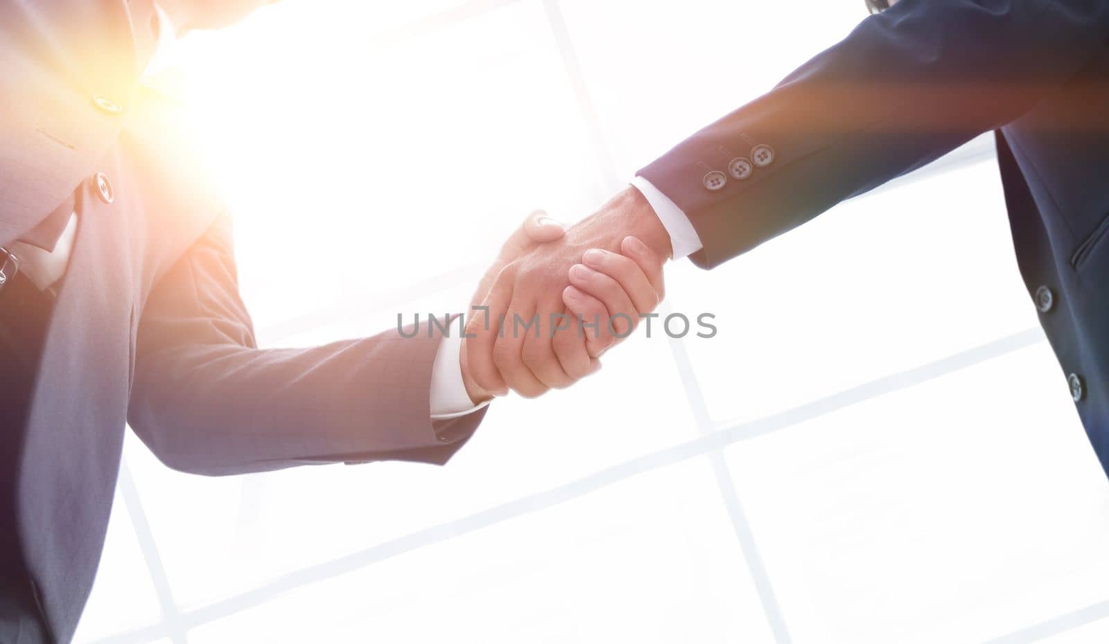 bottom view of two men shaking hands while standing by asdf