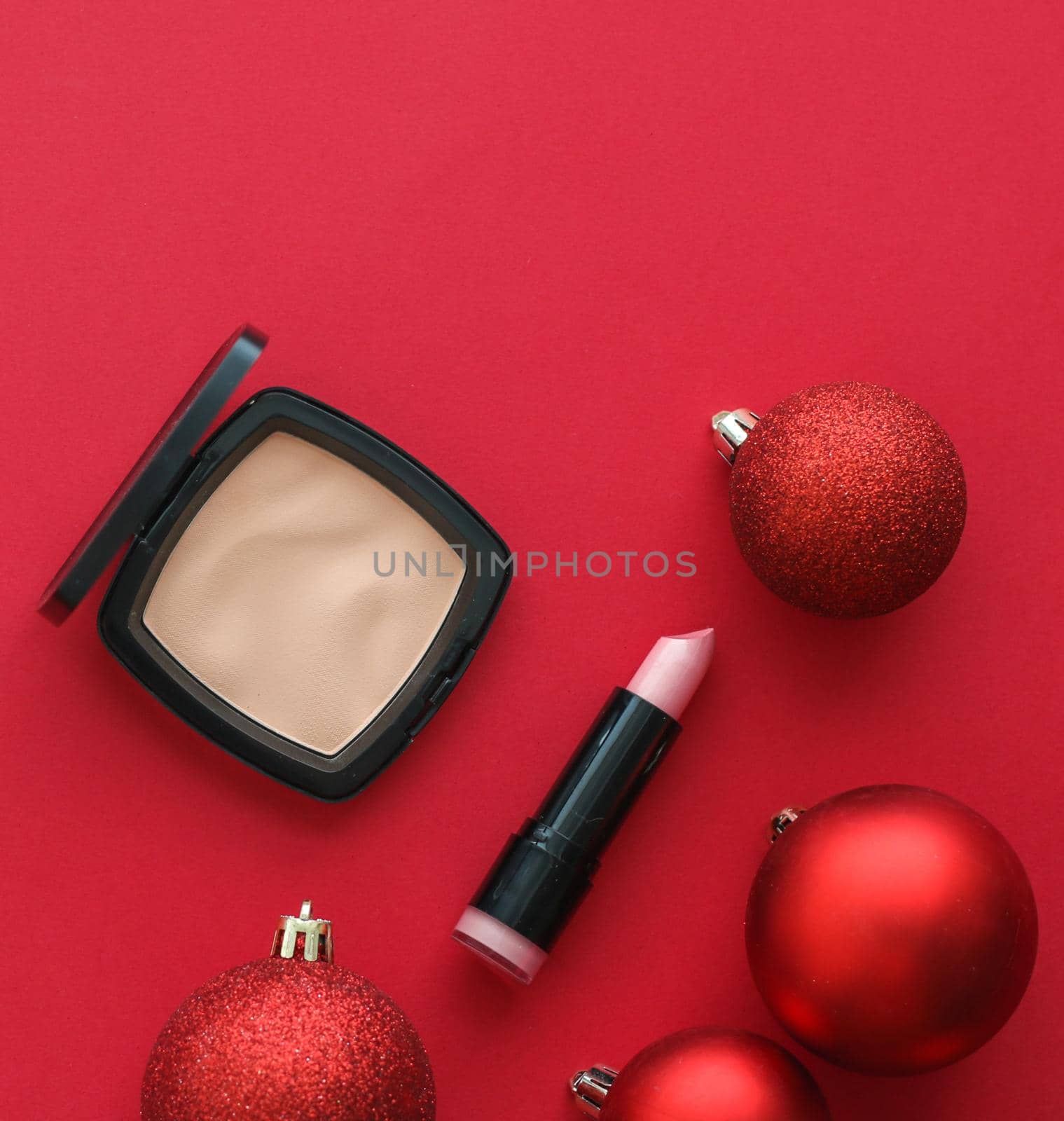 Make-up and cosmetics product set for beauty brand Christmas sale promotion, luxury red flatlay background as holiday design by Anneleven