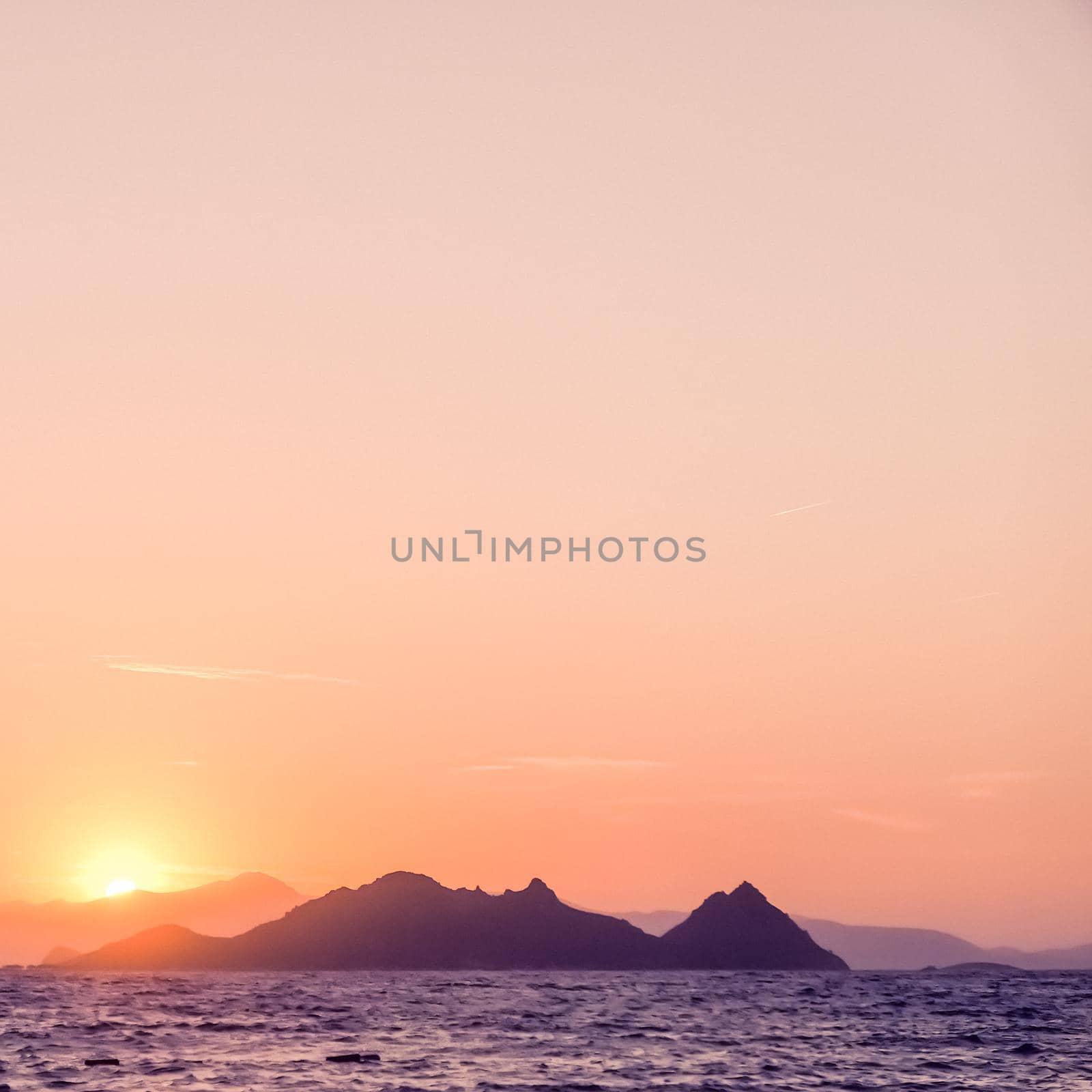 Summer sunset at the Mediterranean sea coast, seascape and mountain view by Anneleven